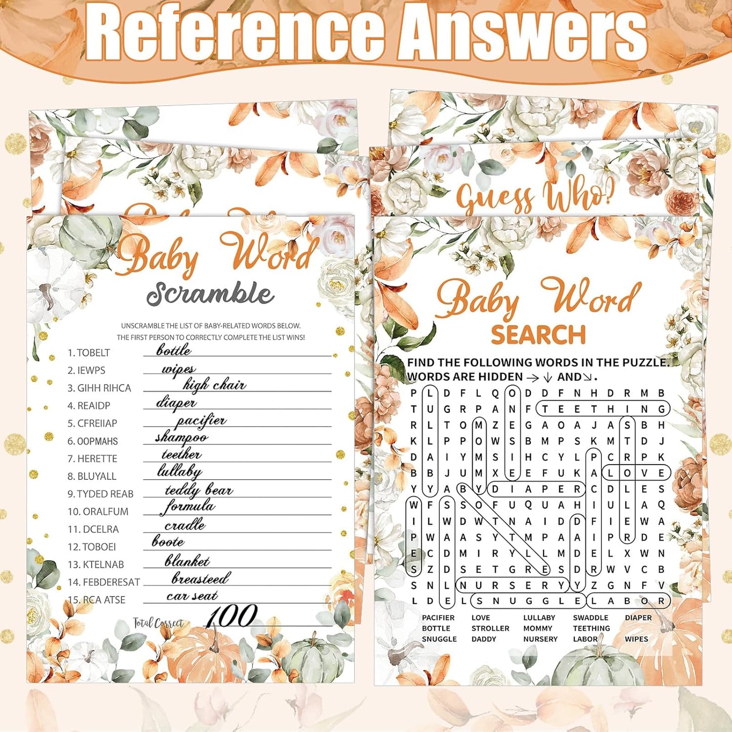 426 Pcs Little Pumpkin Baby Shower Games Set-8 Games, Includes Baby Shower Bingo, Price, Guess Who, Word Scramble, Prediction and Advice, How Big is Mommy's Belly, Don't Say The Words