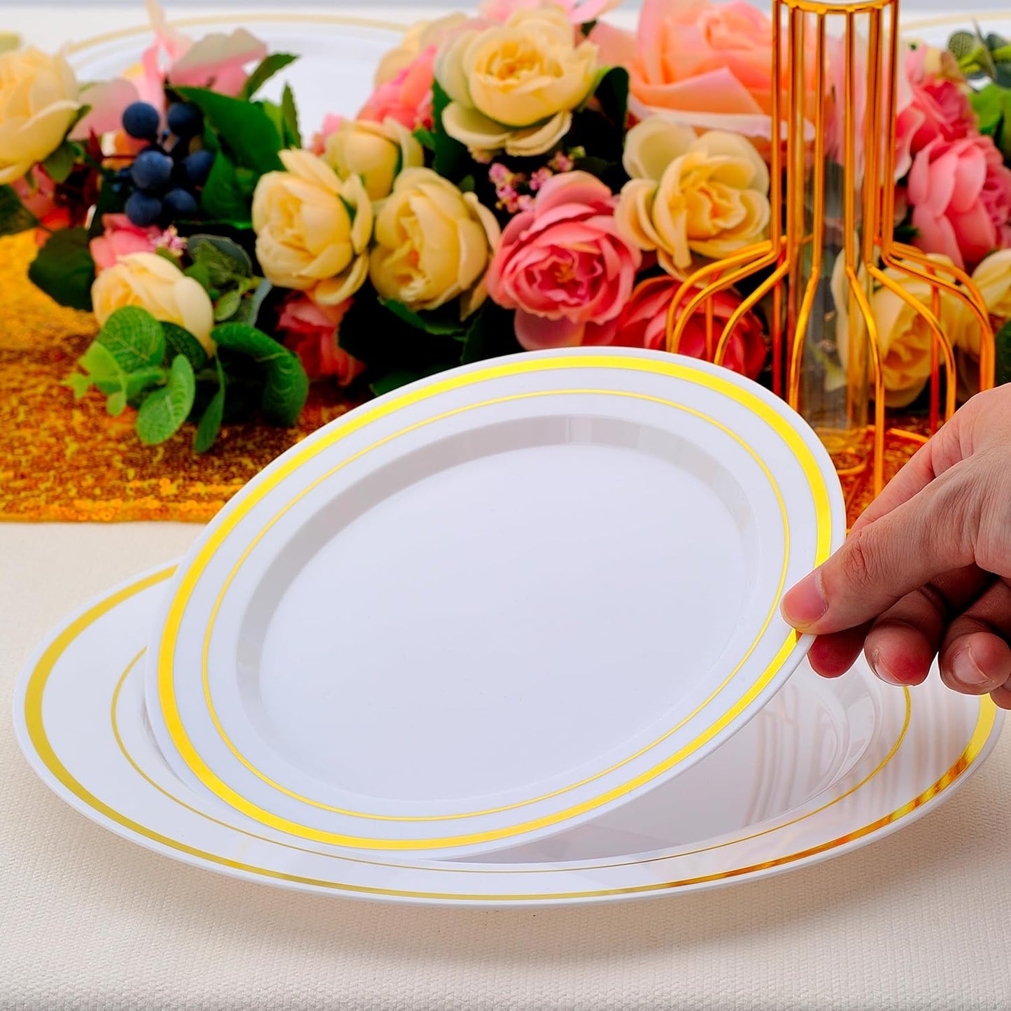 350 PCS Gold Plastic Dinnerware for 50 Guests, Gold and White Plastic Disposable Plates, 50 Dinner Plates, 50 Dessert Plates, 50 Silverware Set, 50 Cups, 50 Napkins for Party