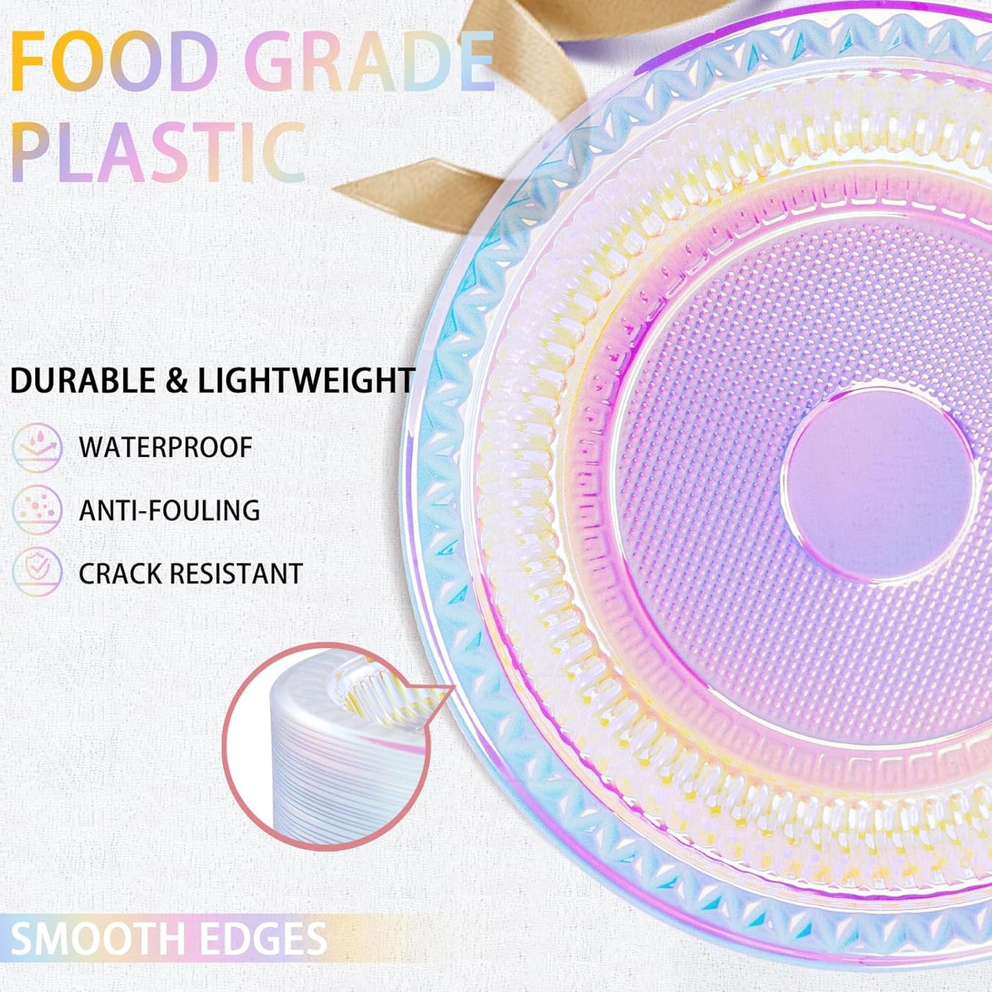 WELLIFE Iridescent Plastic Plates 9 Inch, 150 Count Disposable Plastic Dessert Plates for Disco Party Decorations Wedding Baby Shower Birthday Easter Valentine's Day Party