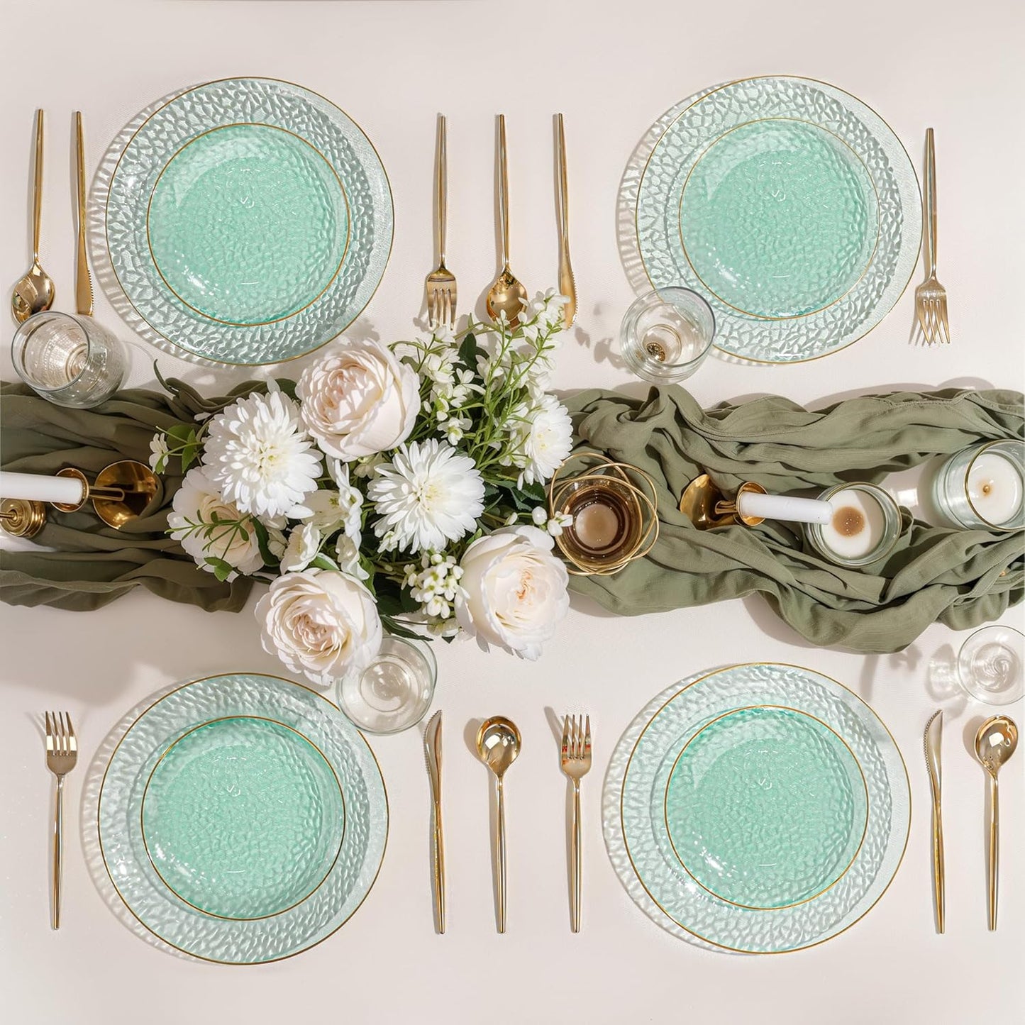 SUT 100Pcs Green Plastic Plates, Hammered Plates Disposable Heavy Duty, Green Disposable Plates With Gold Rim, Fancy Plastic plates Include 50 Dinner and 50 Dessert plates for Wedding