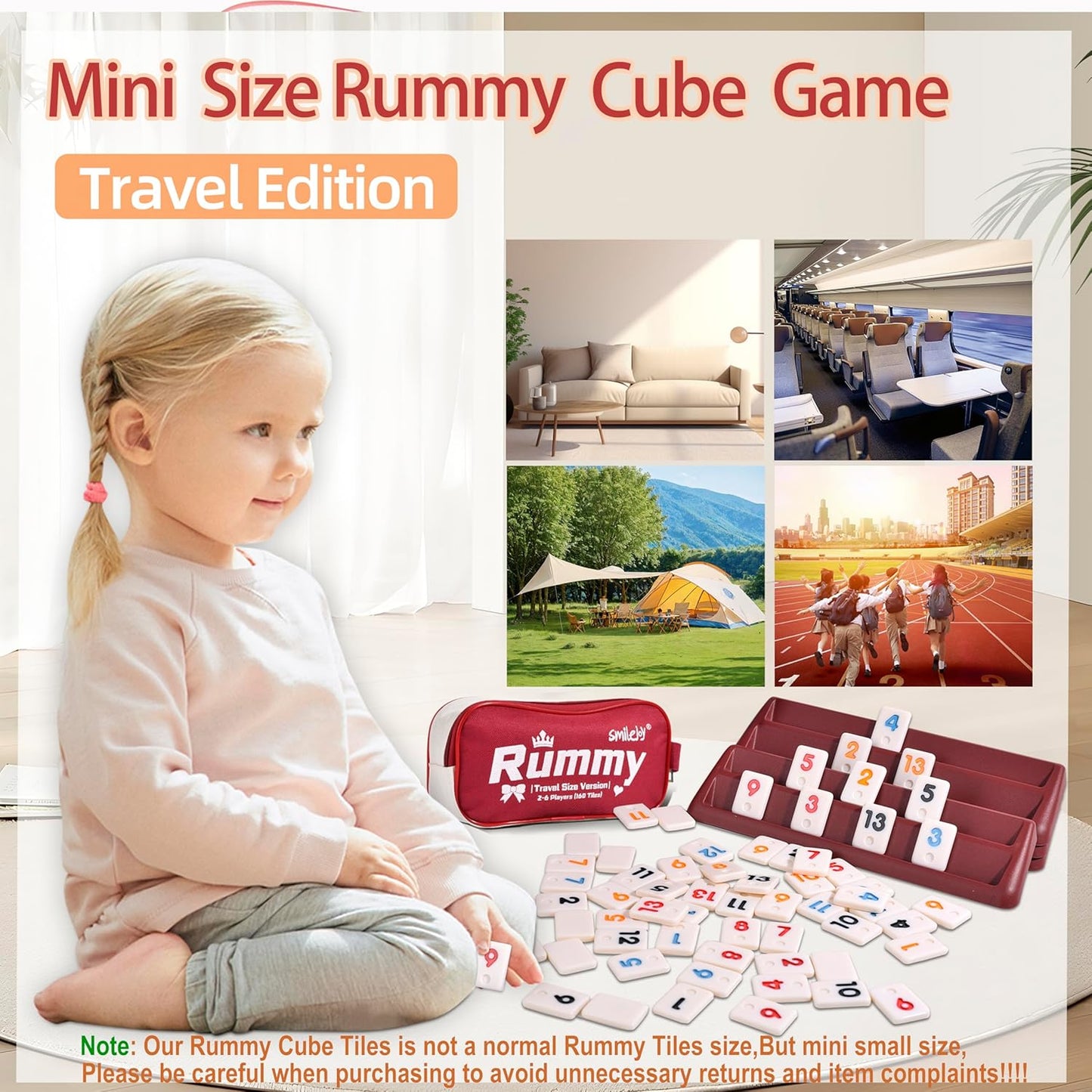 Smilejoy Mini Rummy Cube Six Player Edition, Travel Rummy Game Set with Portable Canvas Bag,Classic Board Game for Adults and Kids |160 Tiles|6 Playing Racks|1 Dice (2-6 Player)