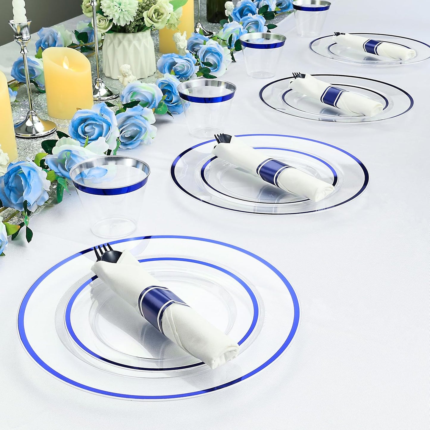 Goodluck 50 Set Dark Blue Pre Rolled Plastic Cutlery Set, Wrapped Silverware Set with 50 Forks, 50 Knives, 50 Spoons and 50 Napkins, Perfect for Party, Wedding, Christmas