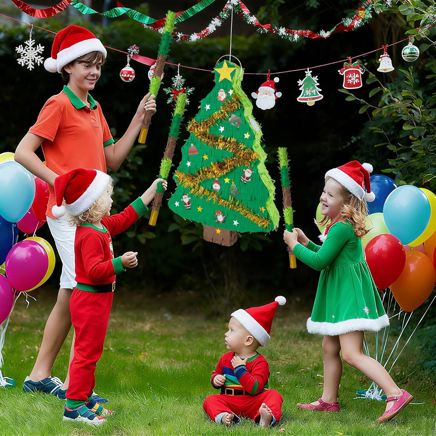 PCFING 21.6 Inch Christmas Tree Piñata with 30 Inch Piñata Stick Blindfold Confetti for Boy Girl Adults Xmas Party Game Decorations