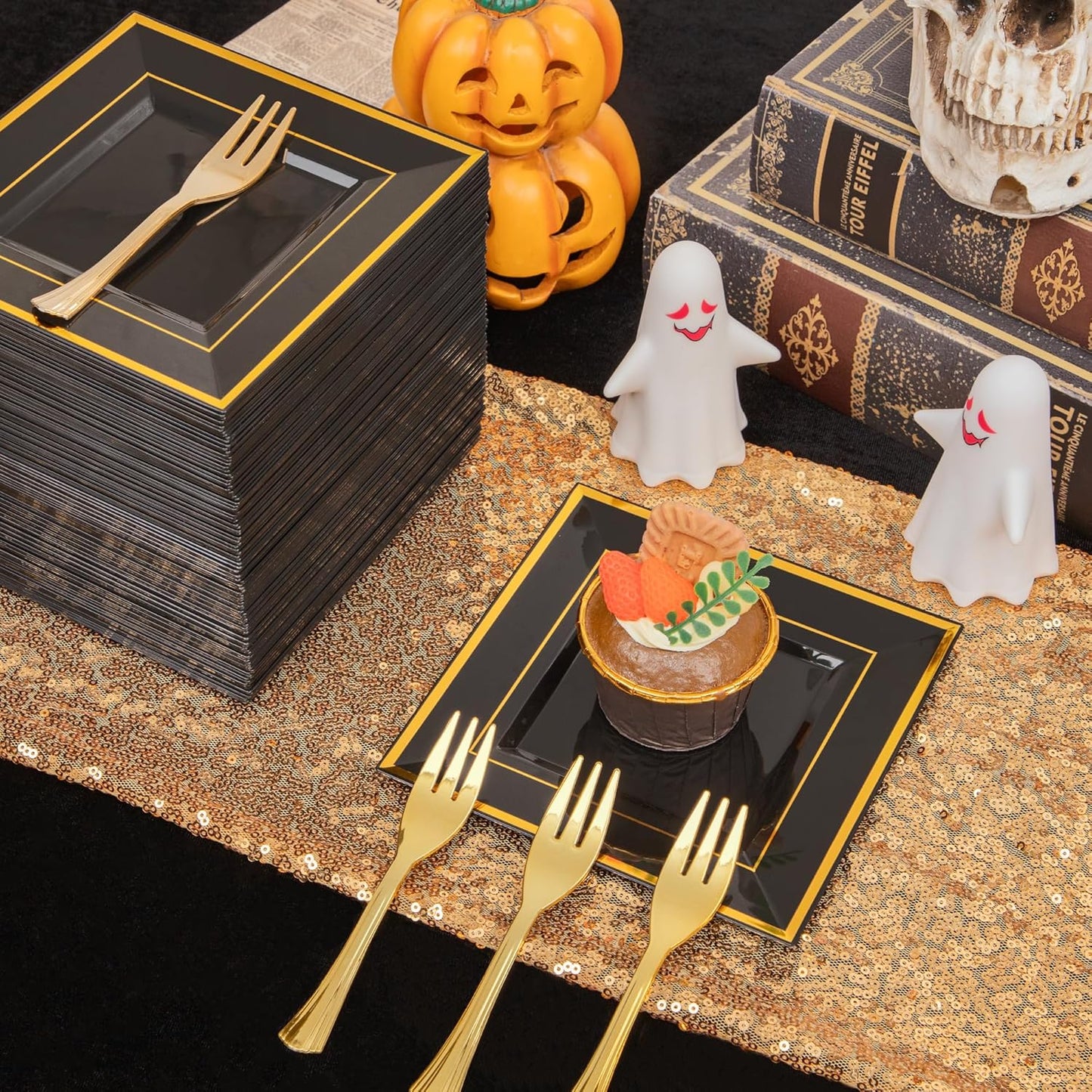 WDF 200PCS Black and Gold Plastic Dessert Plates with Plastic Forks -6’’ 100 Square Disposable Appetizer Plates Small Plate Cake Plate with Gold Rim for New Year
