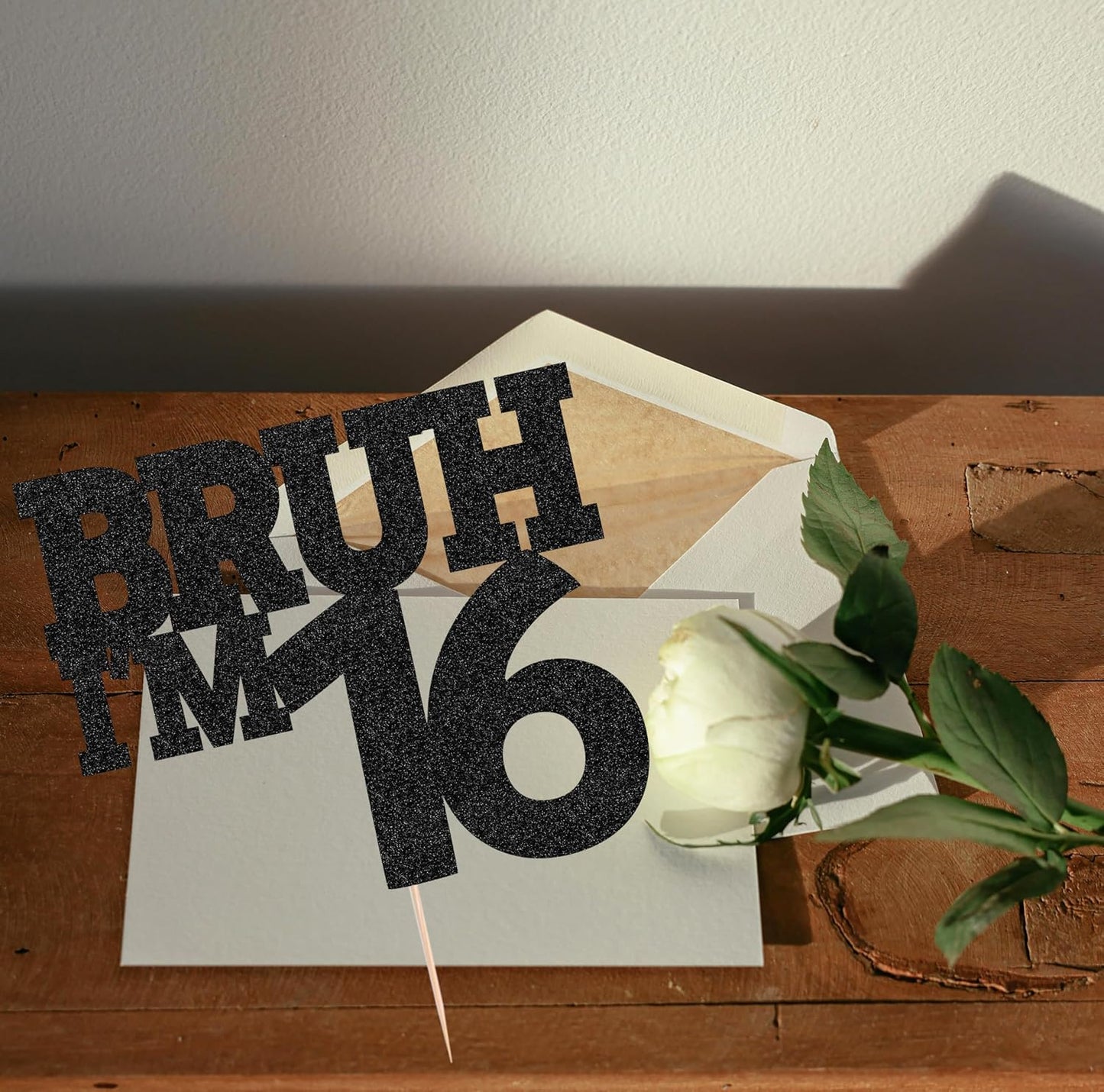 Bruh I'm 16 Cake Topper - Black Glitter Funny 16th Birthday Cake Decorations for Boys, Bro I'm 16/ Cheers to 16 Years Cake Decor for Brother Birthday Party Supplies Photo Booth Prop