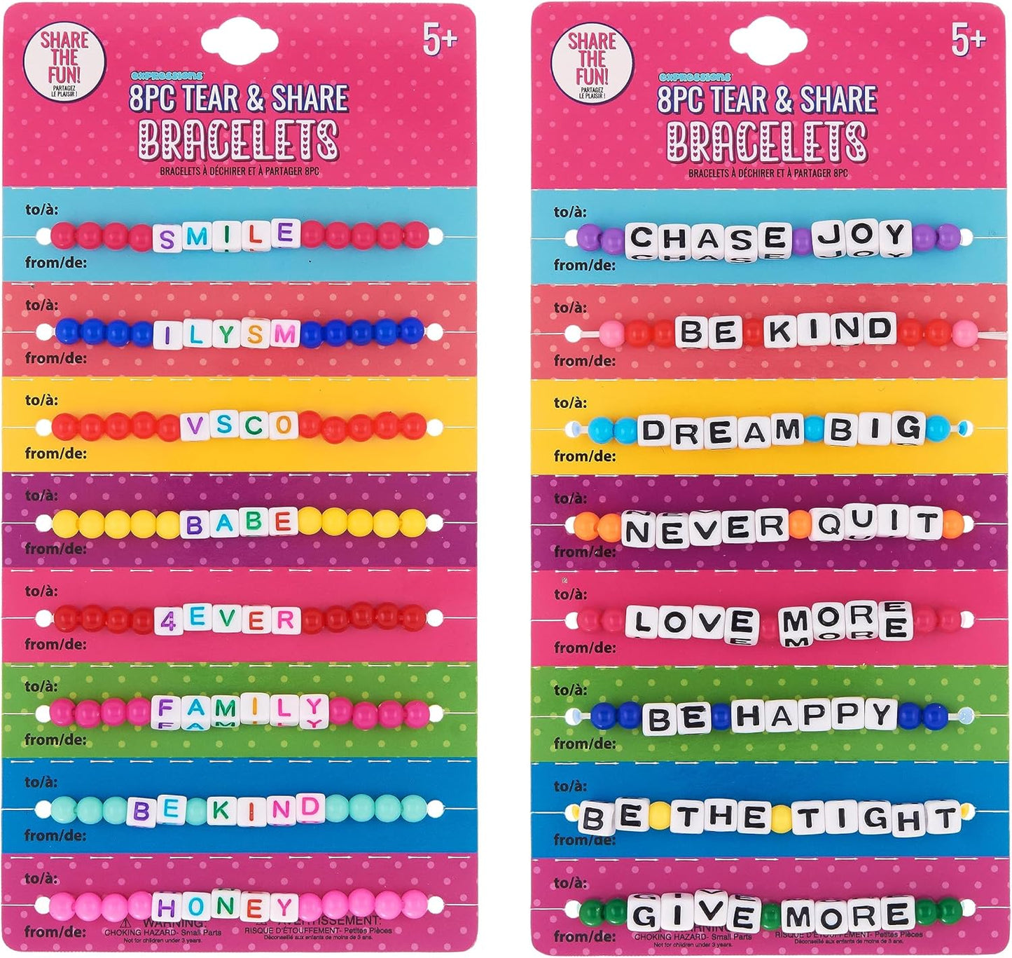 EXPRESSIONS 16pc Tear Share Bracelets BRIGHT Beads Novelty Message Friends Colorful Letter Beaded Party Favor Jewelry Bulk Supplies Children Teens School Gift