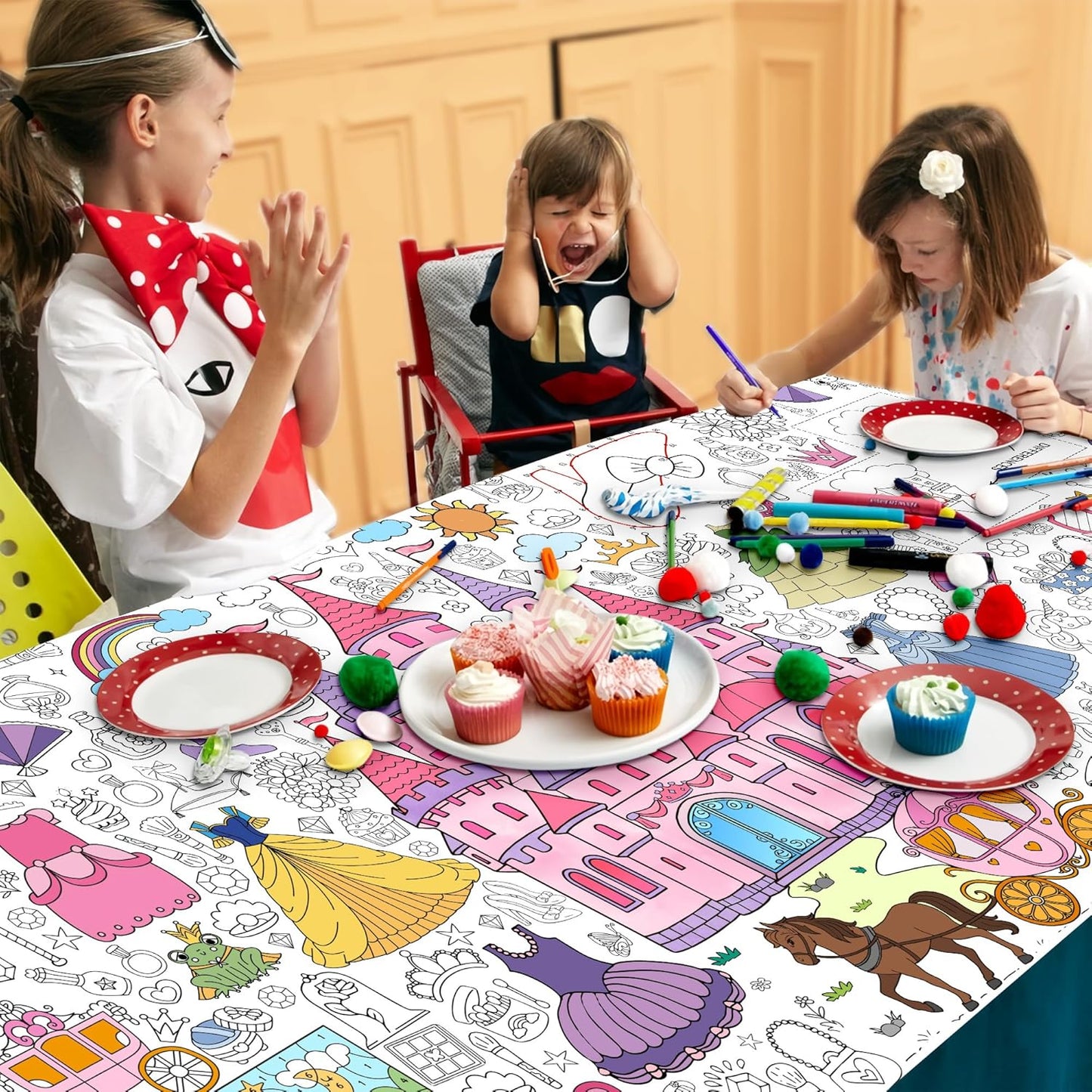 Princess Coloring Tablecloth for Kids, Giant 30x72 Inch Poster with Castles, Crowns, Fairy Tale Icons, Perfect for Girls Princess Party Games, Royal Decorations, Celebration Supplies
