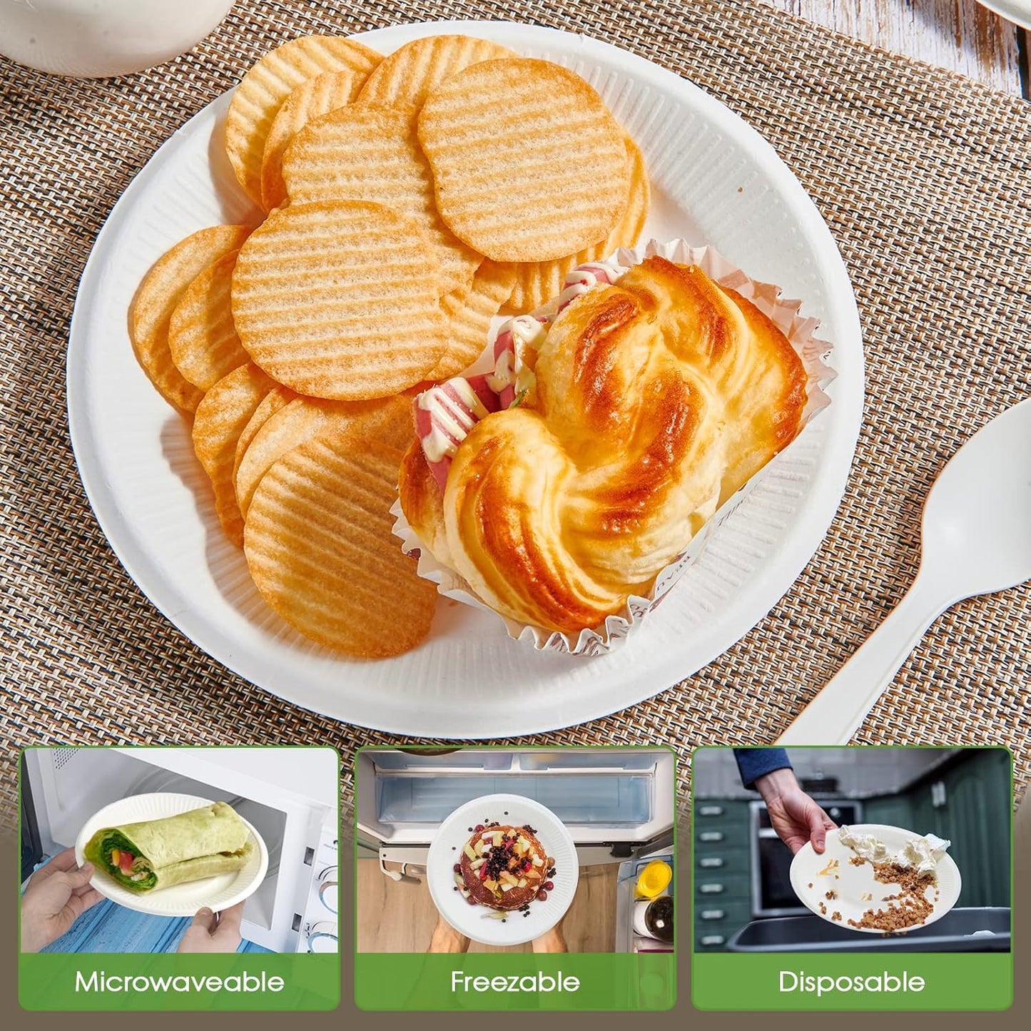 Vplus 100% Compostable Paper Plates, 200 Pack 7 Inch Disposable Paper Plates, Uncoated Biodegradable, Made of Sugar Cane Fibers, Perfect for Sandwich, Cake, and Snack