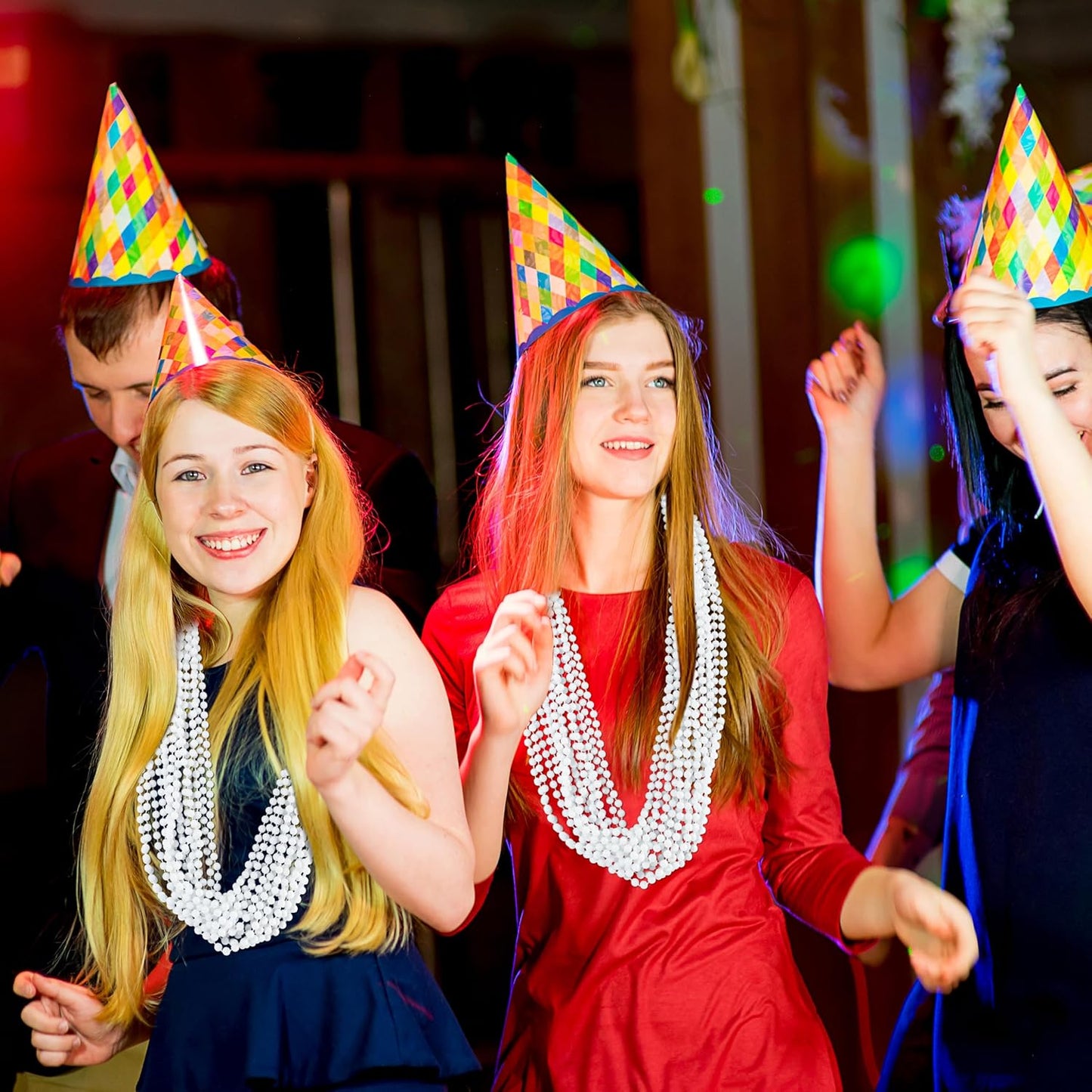 SHAOQINLIN 144 PCS White Bead Necklaces, Mardi Gras & 4th of July Party Beads, 33 Inch Round Beaded Bulk for Carnival, Christmas & Patriotic Day Favors