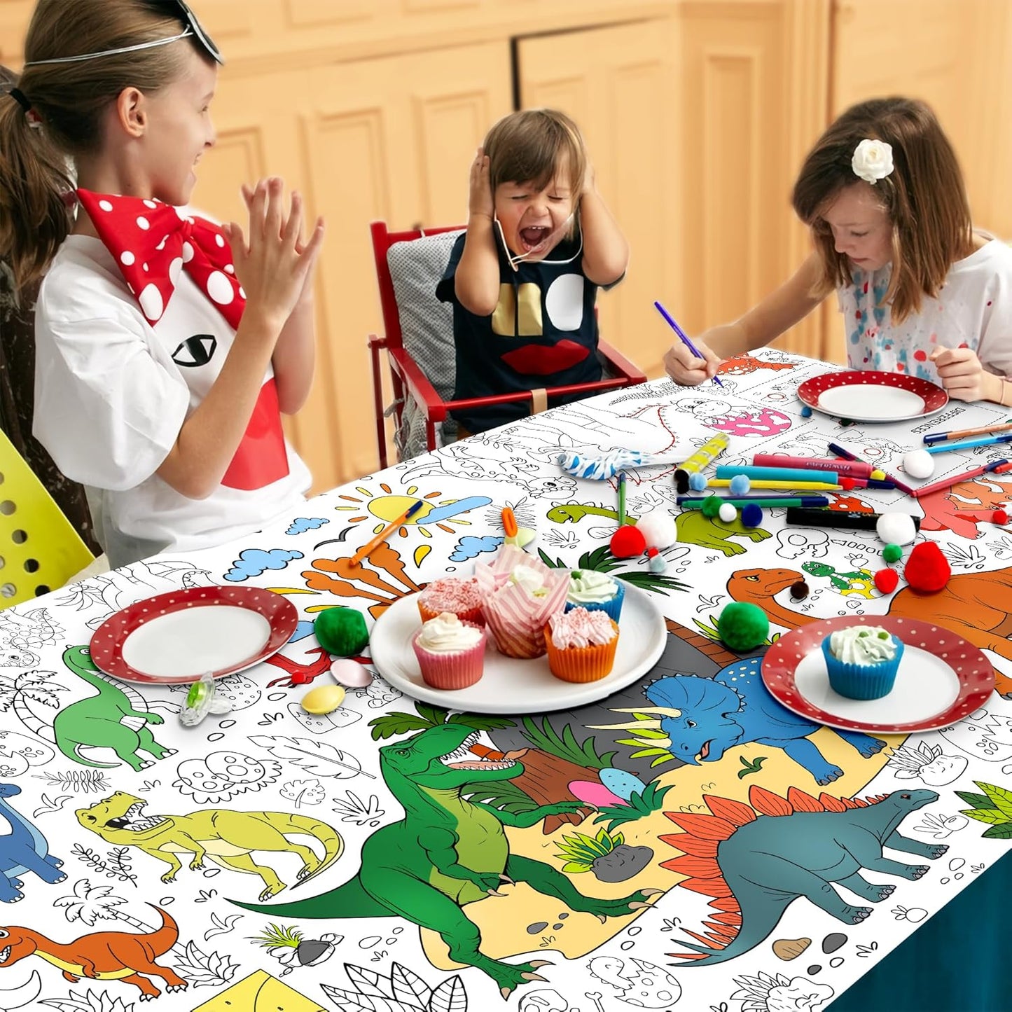 Dinosaur Coloring Tablecloth for Kids, Jumbo 30x72 Inch Poster with Dinosaurs, Volcanoes, Perfect for Boy Birthday Party Games, Decorations, Classroom Activities, Celebration Supplies