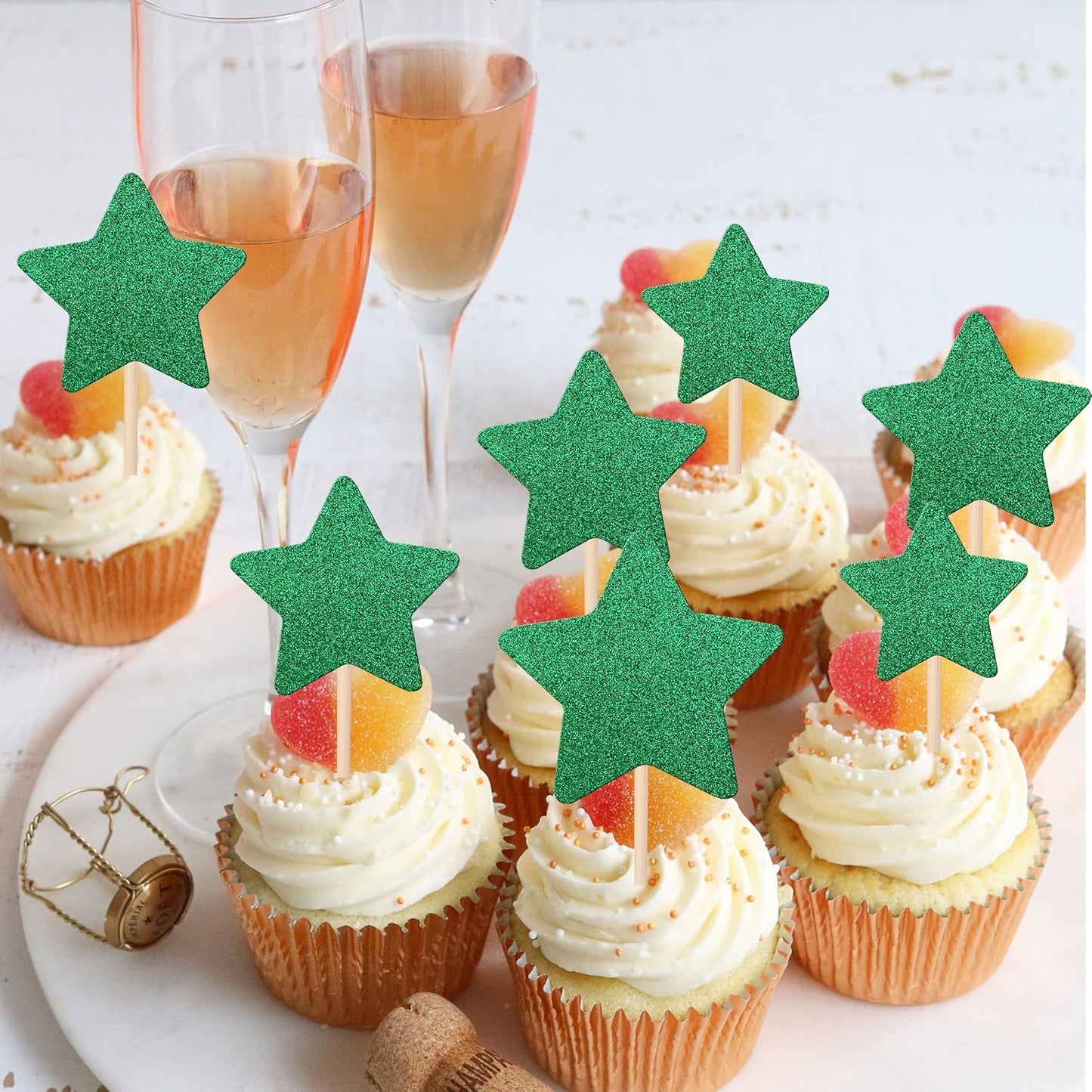 30 PCS Star Cupcake Toppers Glitter Assembled Twinkle Star Cupcake Picks Wedding Engagement Bridal Shower Birthday Party Cake Decorations Supplies Mixed Size Green