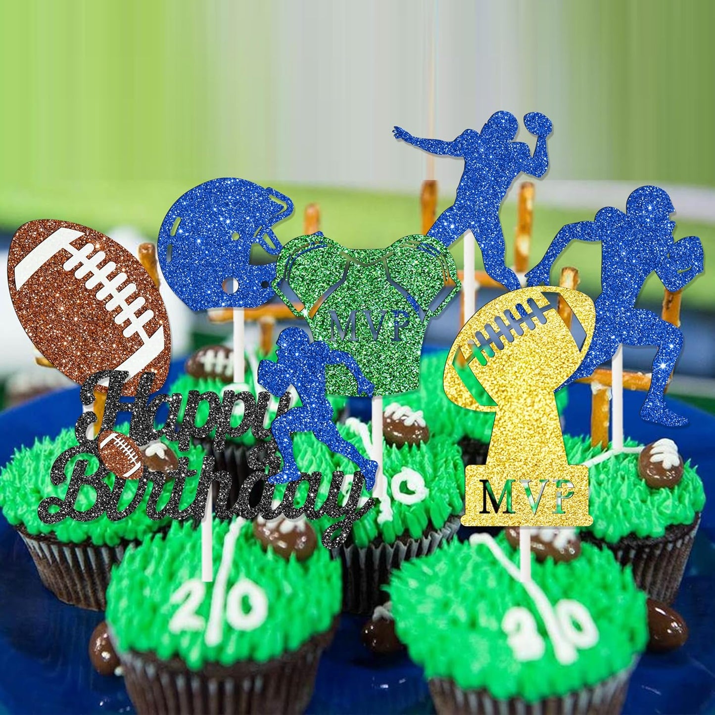 24pcs Glitter Football Party Cupcake Toppers Football Birthday Party Decorations Rugby Cake Cupcake Decor for Footballs Player Birthday Party Sport Game Day Baby Shower Supplies