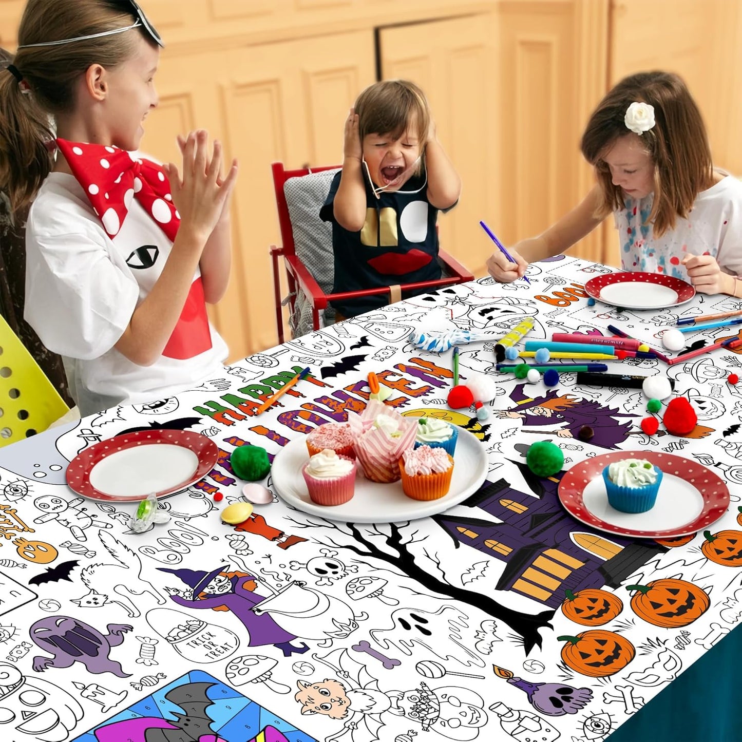 Giant Halloween Coloring Tablecloth for Kids, Large 30x72 Inch Poster with Haunted House, Pumpkins, Ghosts, Bats, Arts Crafts Games Indoor Activities for Halloween Party, Classroom Fun