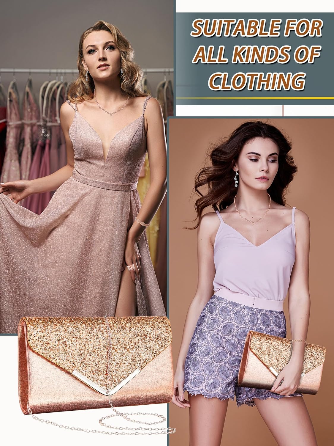 Henoyso 5 Pcs Purse Rhinestone Jewelry Set Prom Jewelry Rhinestone Clutch Purse Necklace Earrings Bracelets for Women Bride