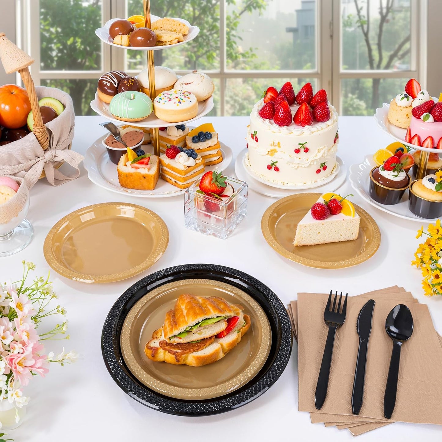 MirthMood 350PCS Black and Gold Plastic Plates,Black Disposable Plates –Plastic Plates Set Includes 50 Dinner,50 Dessert Plate,50 Cup&50 Napkins, 50 Black Silverware for Wedding& Parties& Halloween