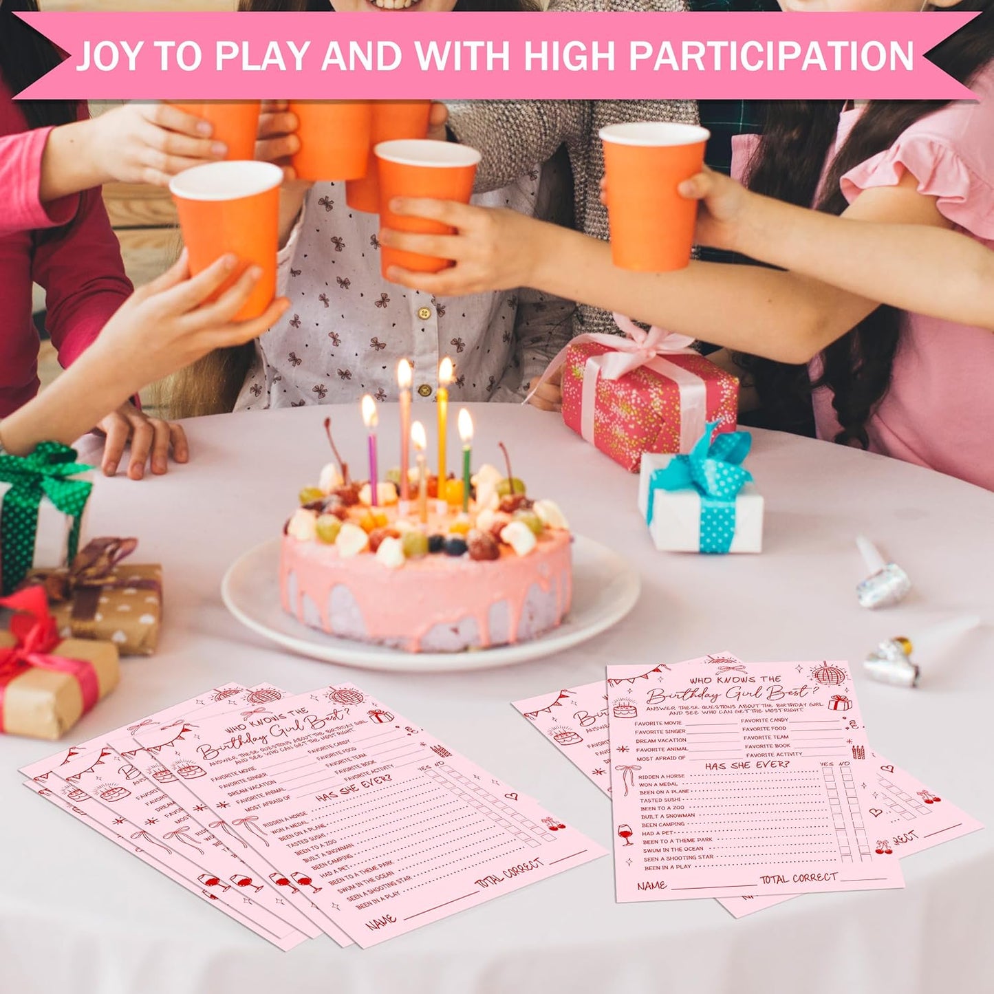 Birthday Party Games Card, Who Knows The Birthday Girl Best, Girls Sleepover Party Supplies for The Girls Card Game, 5x7 Inch Set of 25 Game Cards (Pink, Double-Sided) - A07