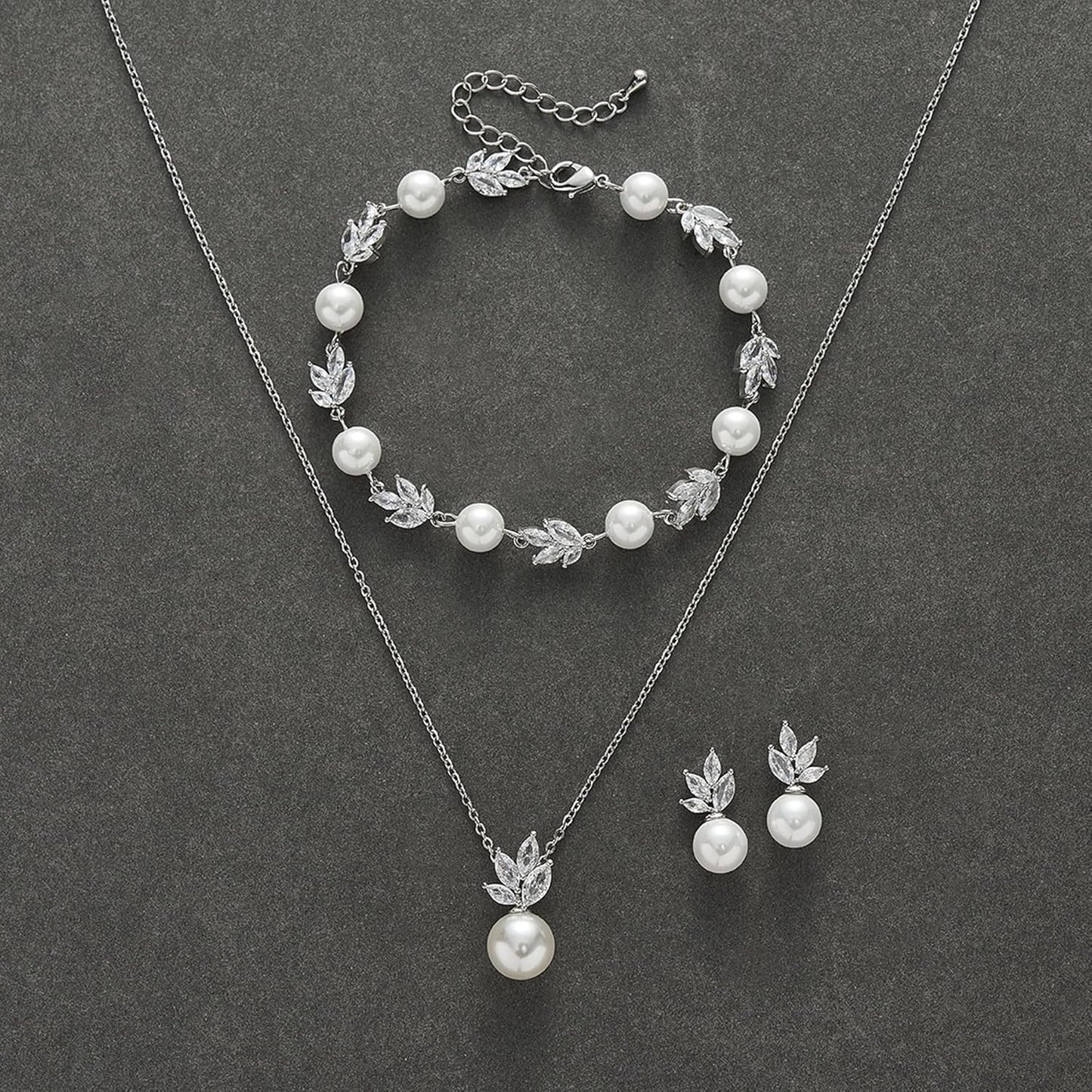 SWEETV Jewelry Set for Bride Women, Cubic Zirconia Pearl Bridal Earrings Necklace Bracelet Set, Bridal Jewelry Set for Wedding Prom