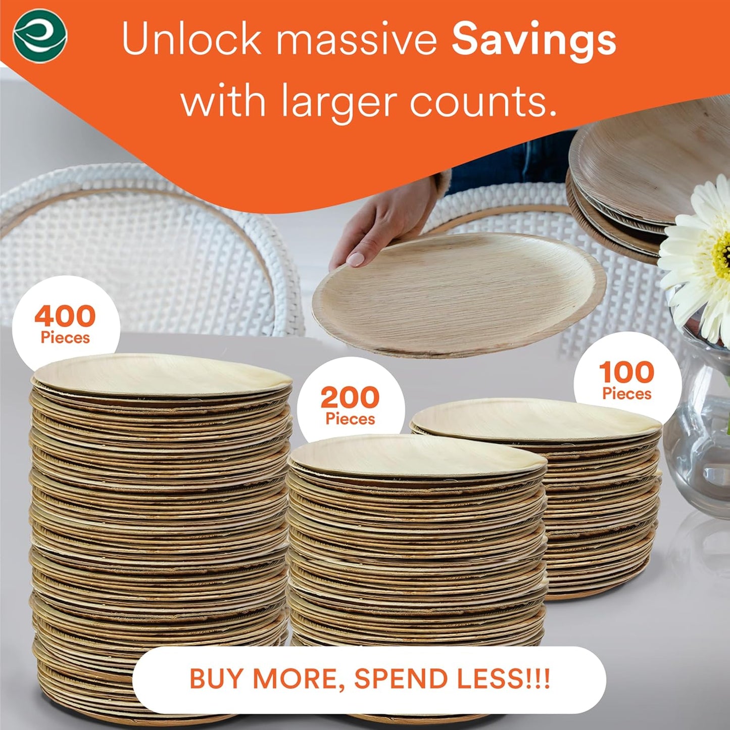 ECO SOUL Compostable 8 Inch Palm Leaf Round Plates (400 Count) Like Bamboo Plates | Biodegradable | Eco-Friendly, Microwave & Oven Safe