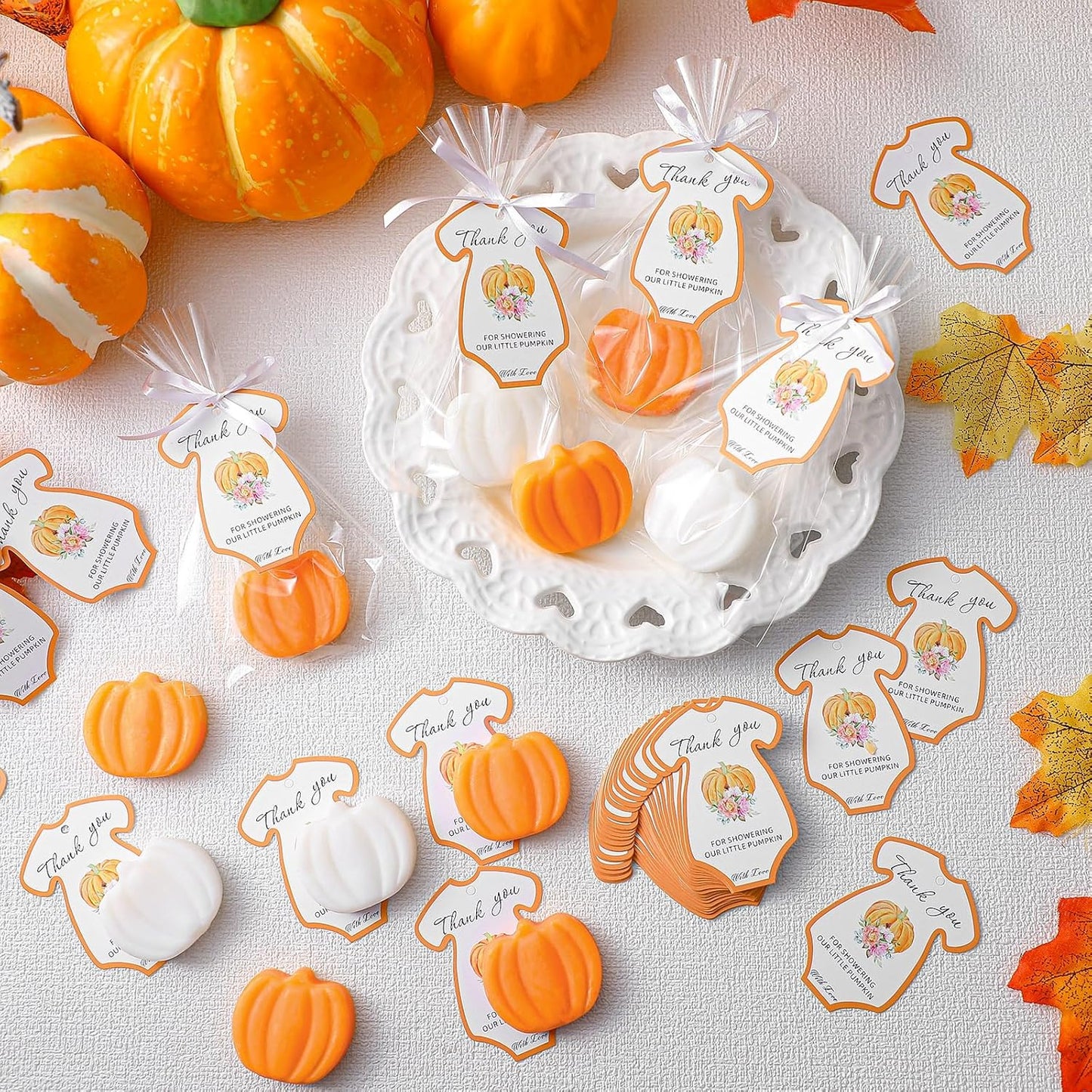 48 Sets Thanksgiving Pumpkin Soap Baby Shower Favor Thanksgiving Bridal Shower Favors Mini Pumpkin Soap Thanks Card Gift Bag with Ribbon for Autumn Guest Wedding Party Decor Gifts(White and Orange)