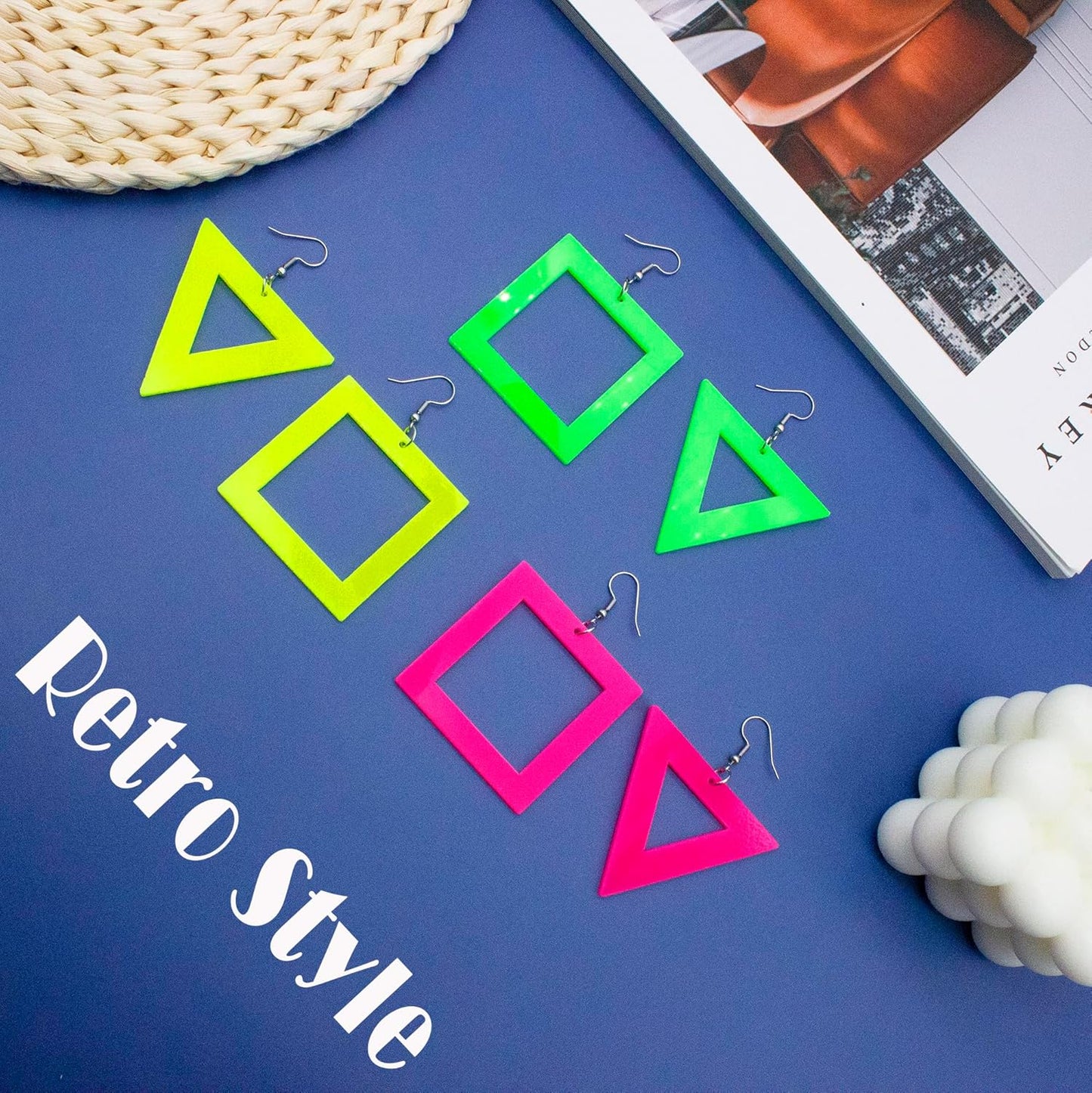 80s 90s Neon Earrings for Women Retro Cassette Tape Hoop Earring Candy Color Lightweight Acrylic Stud Dangle Earrings for 80S Costume Outfits Dancing Glow Party Accessories