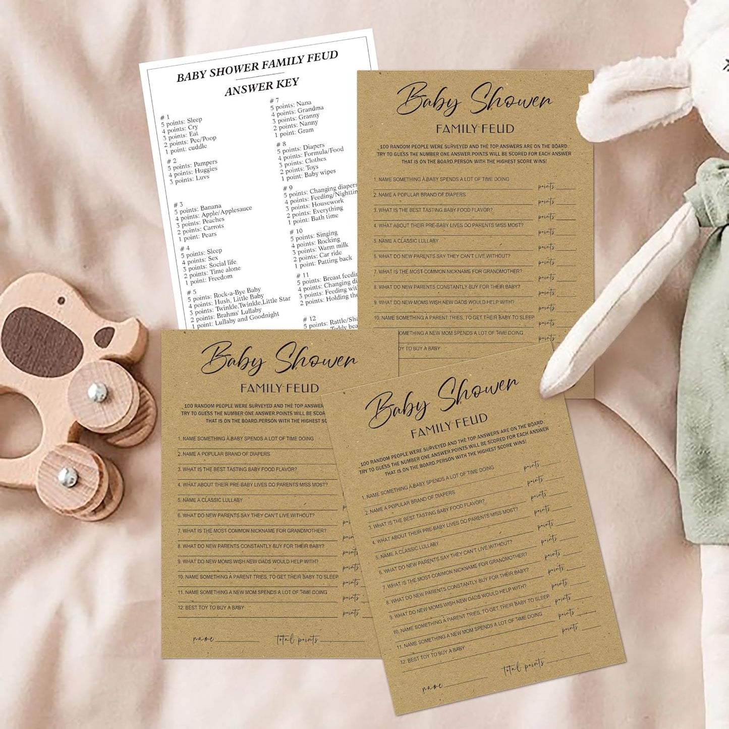 Family Feud Baby Shower Game - Pack of 30 Cards & Answer Key, Gender Neutral Decorations & Supplies for 10 Players