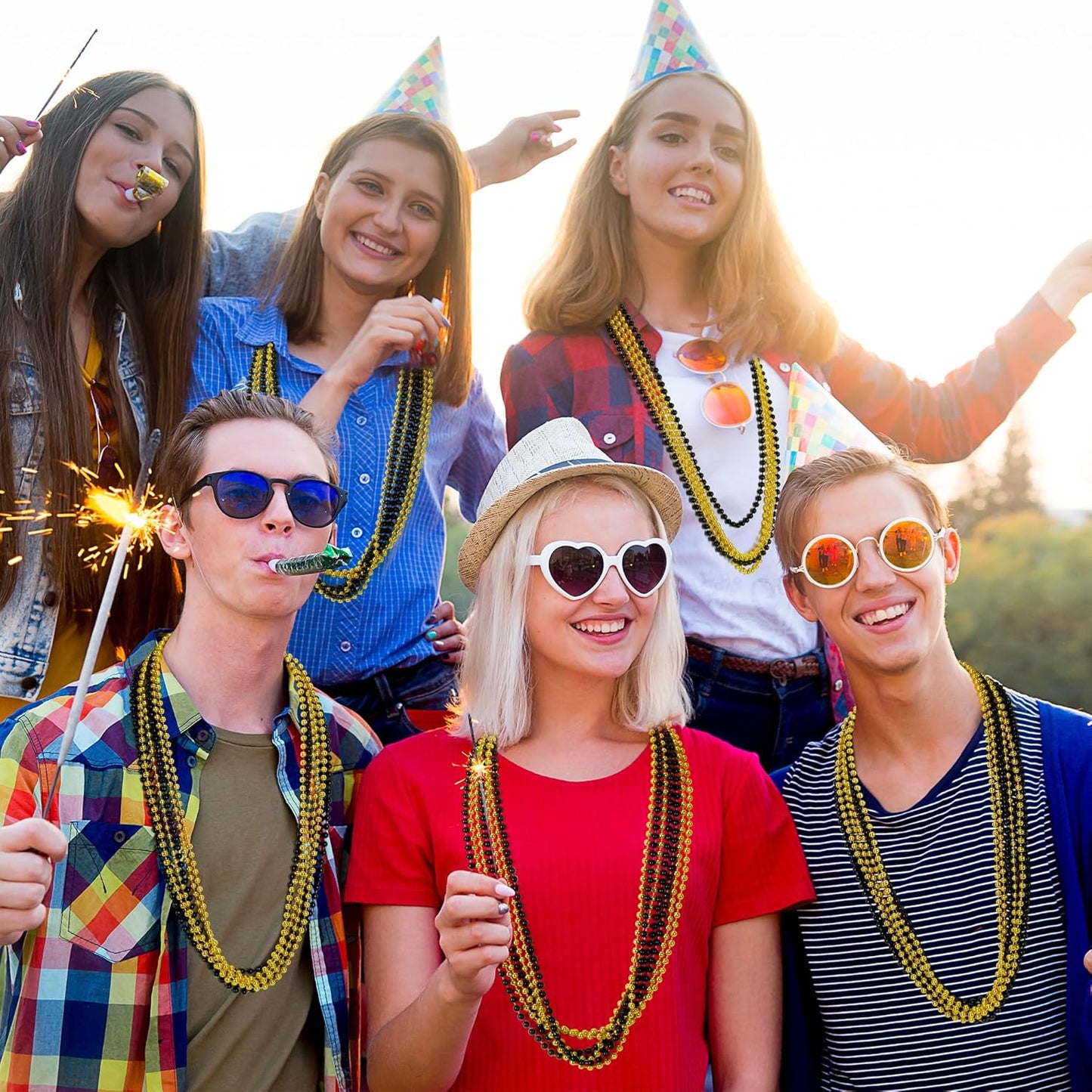 30PCS New Years Beads Necklaces, Black Gold Beaded Necklace Party Supplies, 33" New Years Eve Graduations Necklaces Decorations, Festival New Years Graduations Mardi Gras Parade Throw Accessories