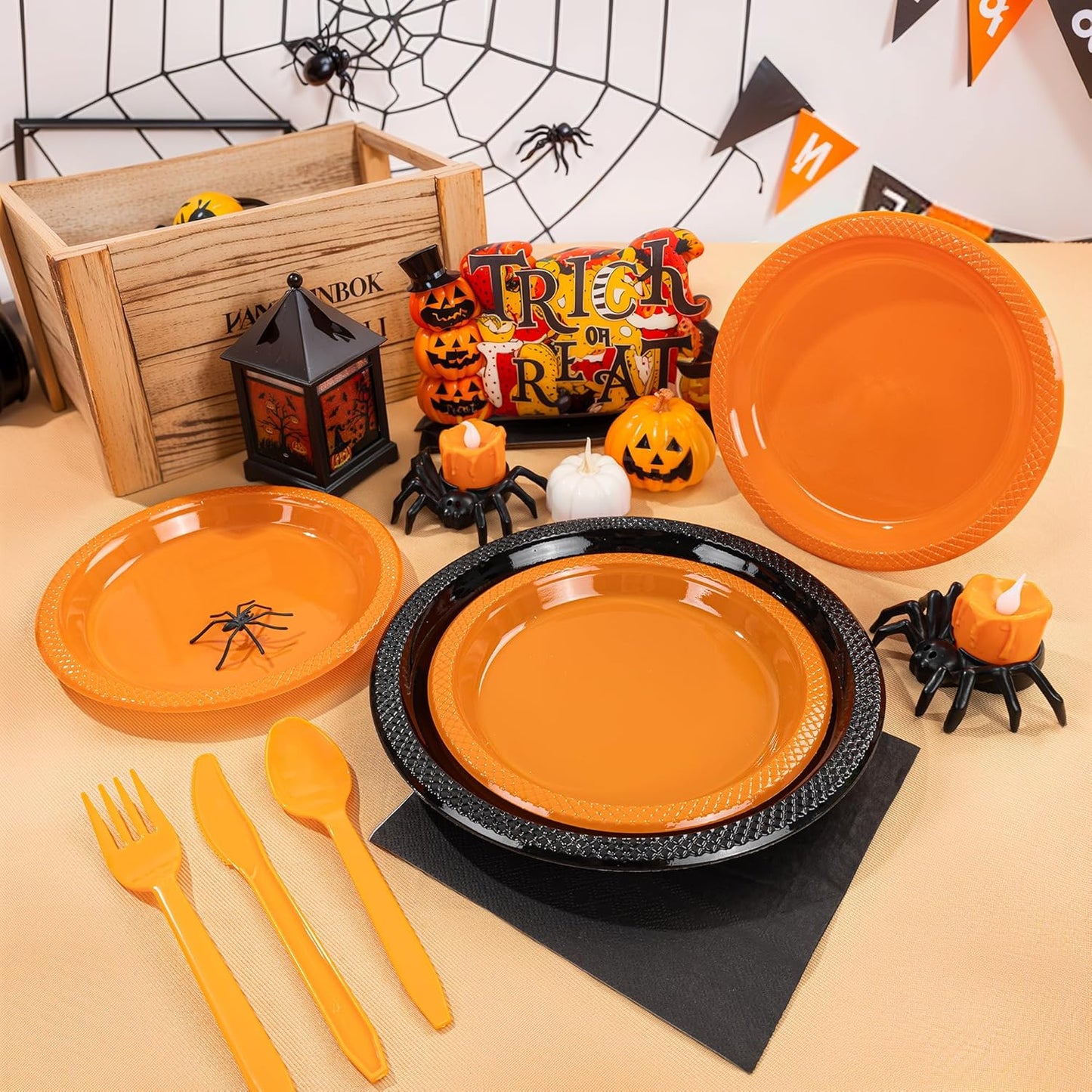 MirthMood 350PCS black and orange Plastic Plates,Black Disposable Plates –Plastic Plates Set Includes 50 Dinner,50 Dessert Plate,50 Cup&50 Napkins, 50 orange Silverware for Wedding& Parties& Halloween