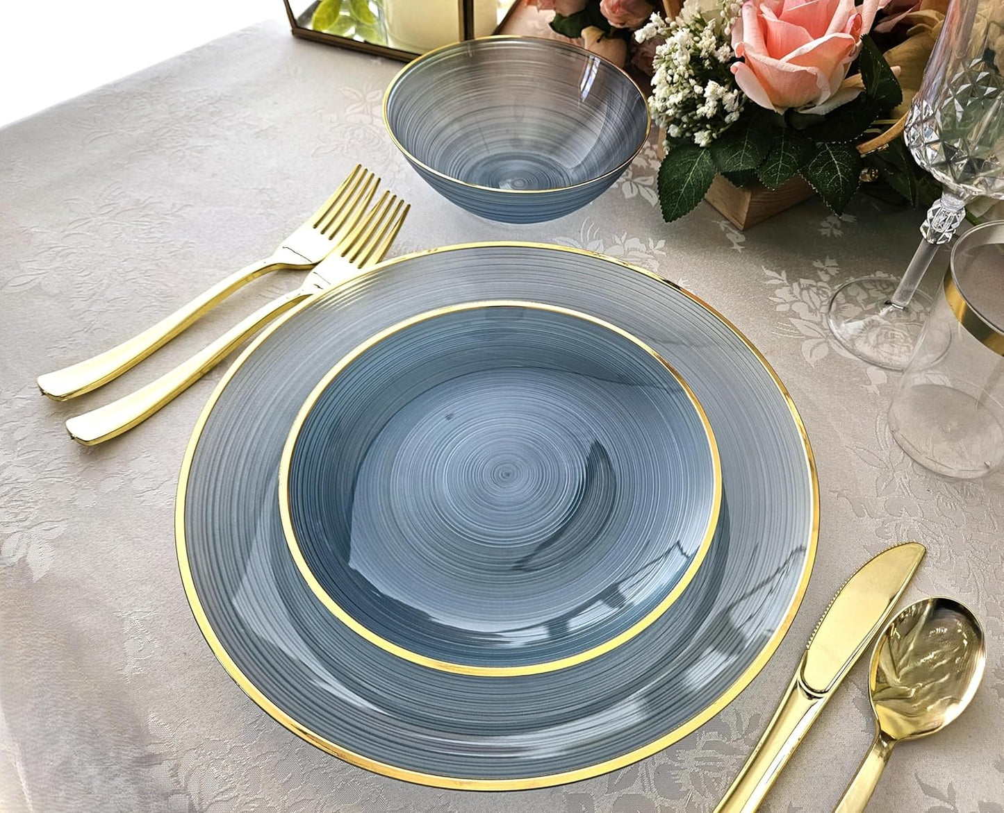 " OCCASIONS " 50 Plates Pack (25 Guests)-Wedding Party Disposable Plastic Plate Set -25 x 10'' Dinner + 25 x 7'' Salad & Dessert plates (Belize in Blue & Gold)