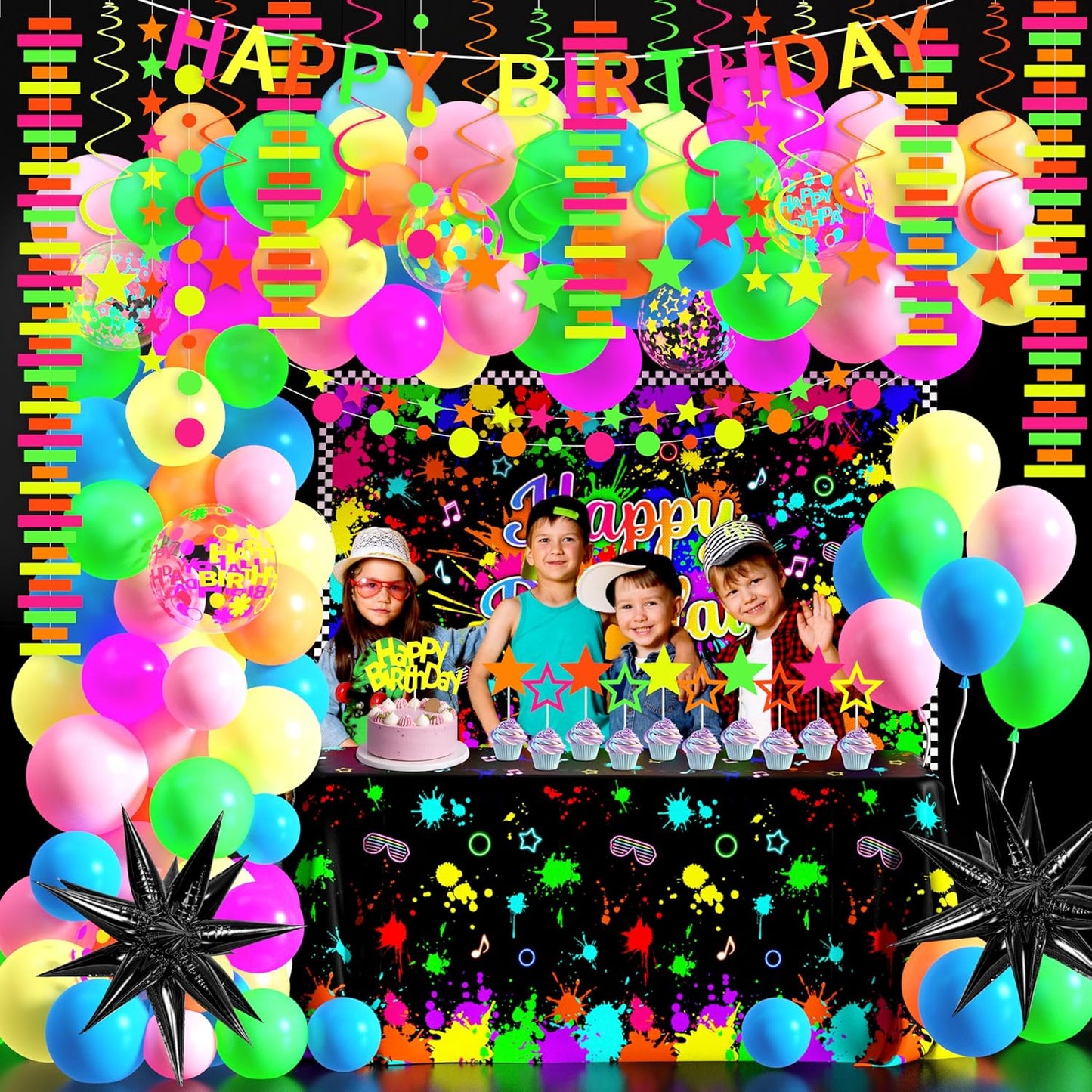 Neon Birthday Party Decoration Glow in The Dark Party Supplies Happy Birthday Backdrop Banner Neon Fluorescent Balloons Garland Arch Star Hanging Swirl Black Light Reactive Glow Tape Neon Streamer