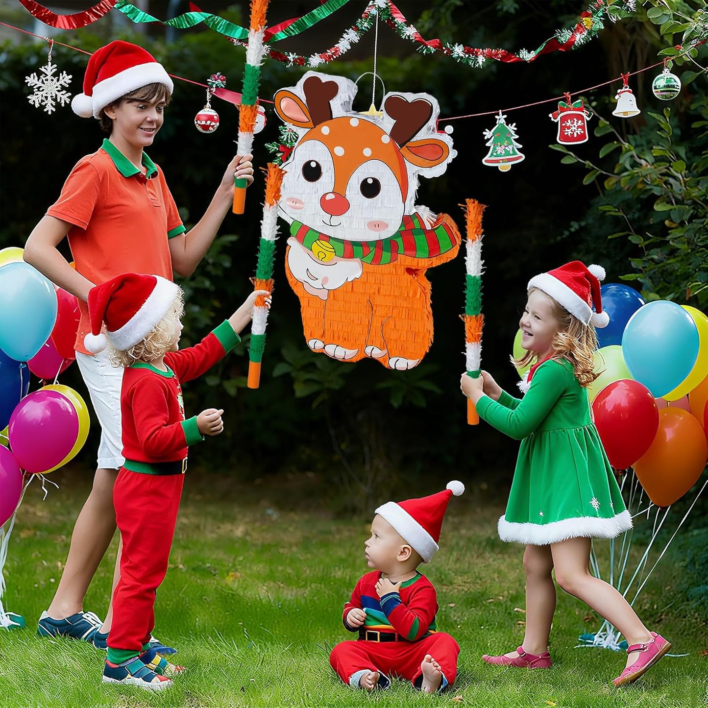 PCFING 21.6 Inch Christmas Reindeer Piñata with 30 Inch Piñata Stick Blindfold Confetti for Boy Girl Adults Xmas Party Game Decorations