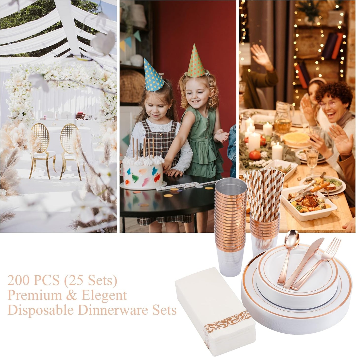 175PCS Rose Gold Dinnerware Set for 25 Guests, Rose Gold Rim Plastic Disposable Plates for Party Wedding Include 25 Dinner Plates, Dessert Plates, Silverware Set, Napkins, Cups