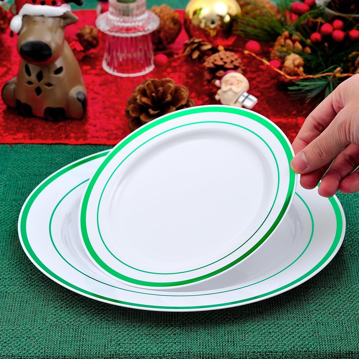 300 PCS Green Plastic Dinnerware Set for 50 Guests,Green Rimmed Heavy Duty Plastic Disposable Plates for Party Wedding-50 Dinner Plates,50 Dessert Plates,50 Silverware Set,50 Cups