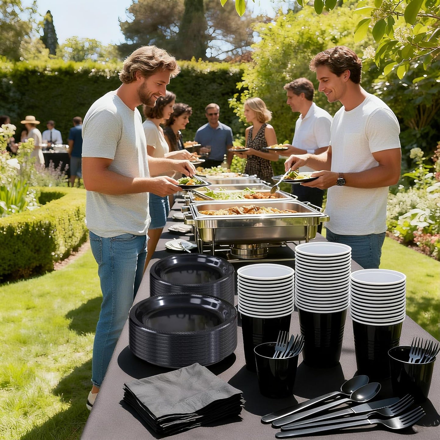 WELLIFE 210Pcs Black Plastic Plates, Disposable Dinnerware Set, Party Supplies Including Black plates, 12oz Cups, plastic Cutlery and Napkins Serve 30 Guests, Plastic Plates for Party