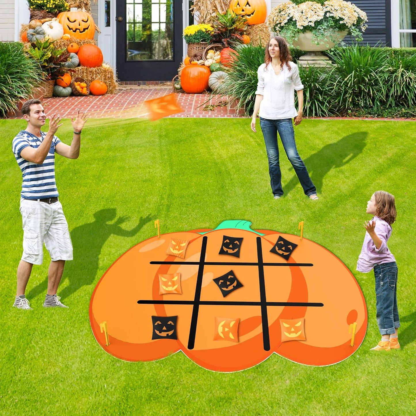 Halloween Pumpkin Party Favors Tic Tac Toe Bean Bag Game for Kids,Bean Bag Toss Across for Indoor Outdoor Yard Background Lawn Adults Family Night Halloween Activities 10 Bean Bags