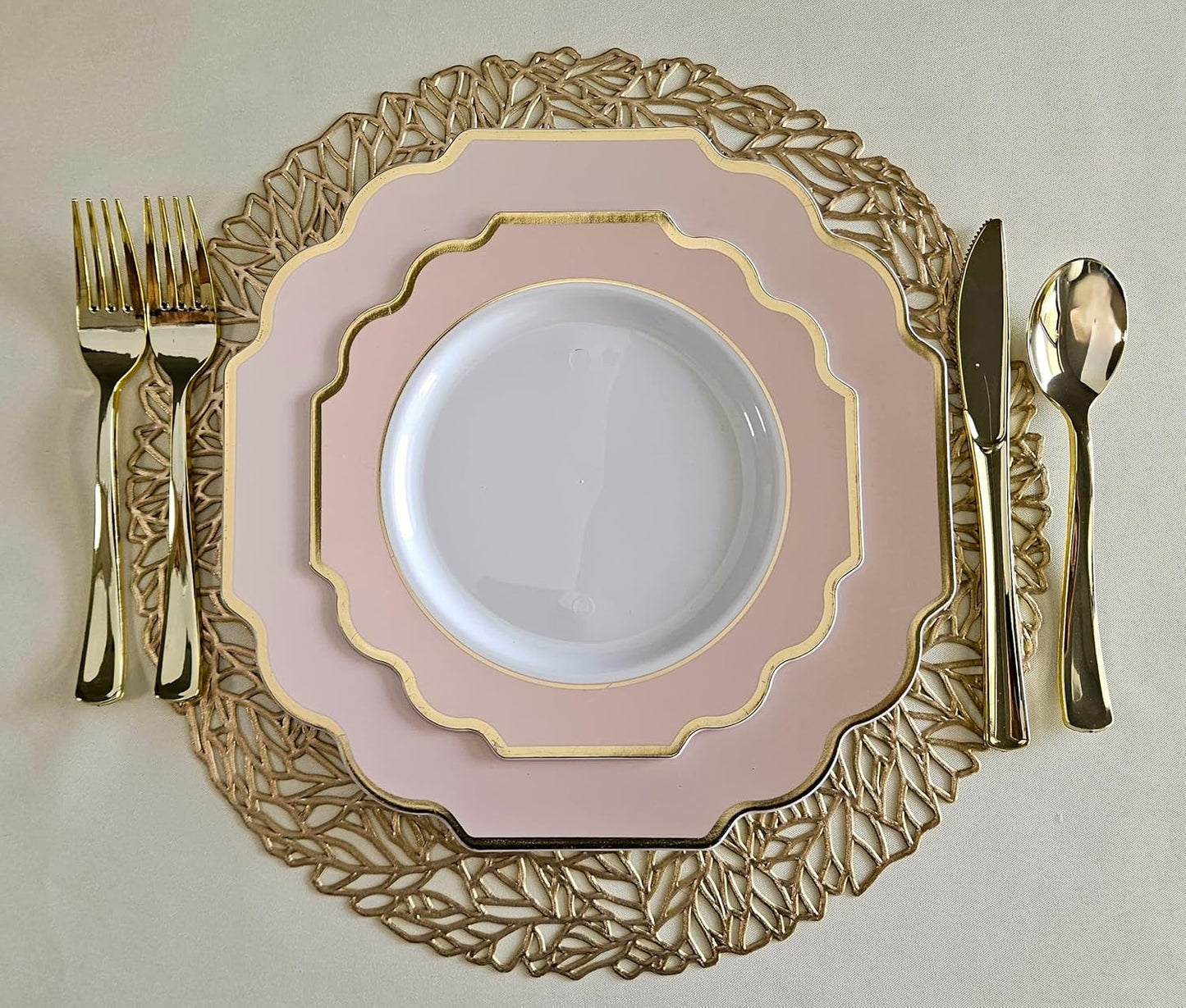 " OCCASIONS " 50 Plates Pack (25 Guests)-Heavyweight Wedding Party Disposable Plastic Plate Set -(25x10.5'' Dinner + 25x8'' Salad/Dessert) (Imperial in Blush Pink & Gold)