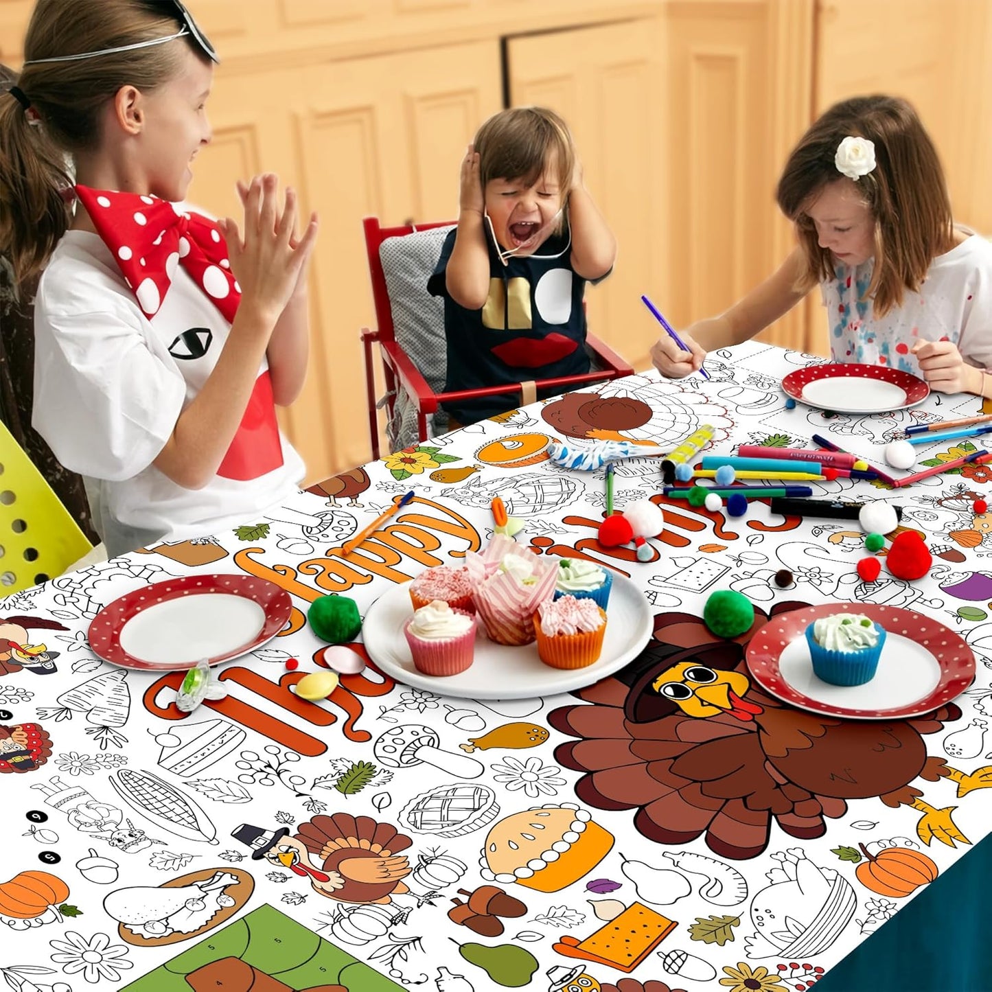 Thanksgiving Coloring Tablecloth for Kids, Giant 30x72 Inch Poster with Turkeys, Pumpkins, Harvest Symbols, Perfect for Party Games, Classroom Activities, Arts Crafts, Indoor Holiday Decor