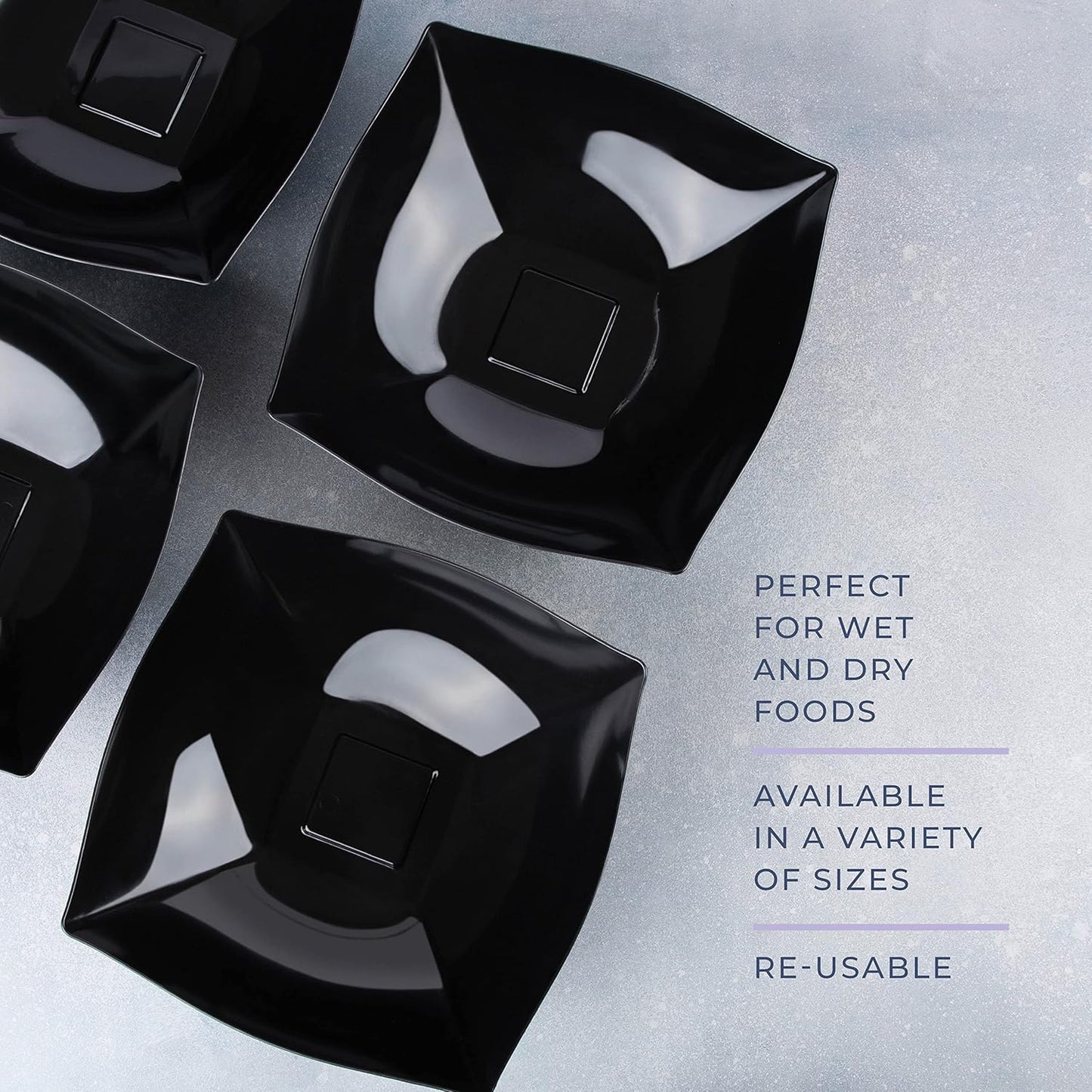 PLASTICPRO Disposable Square Serving Bowls, Party Snack or Salad Bowl, Plastic Black Pack of 4 128 OUNCE, Black