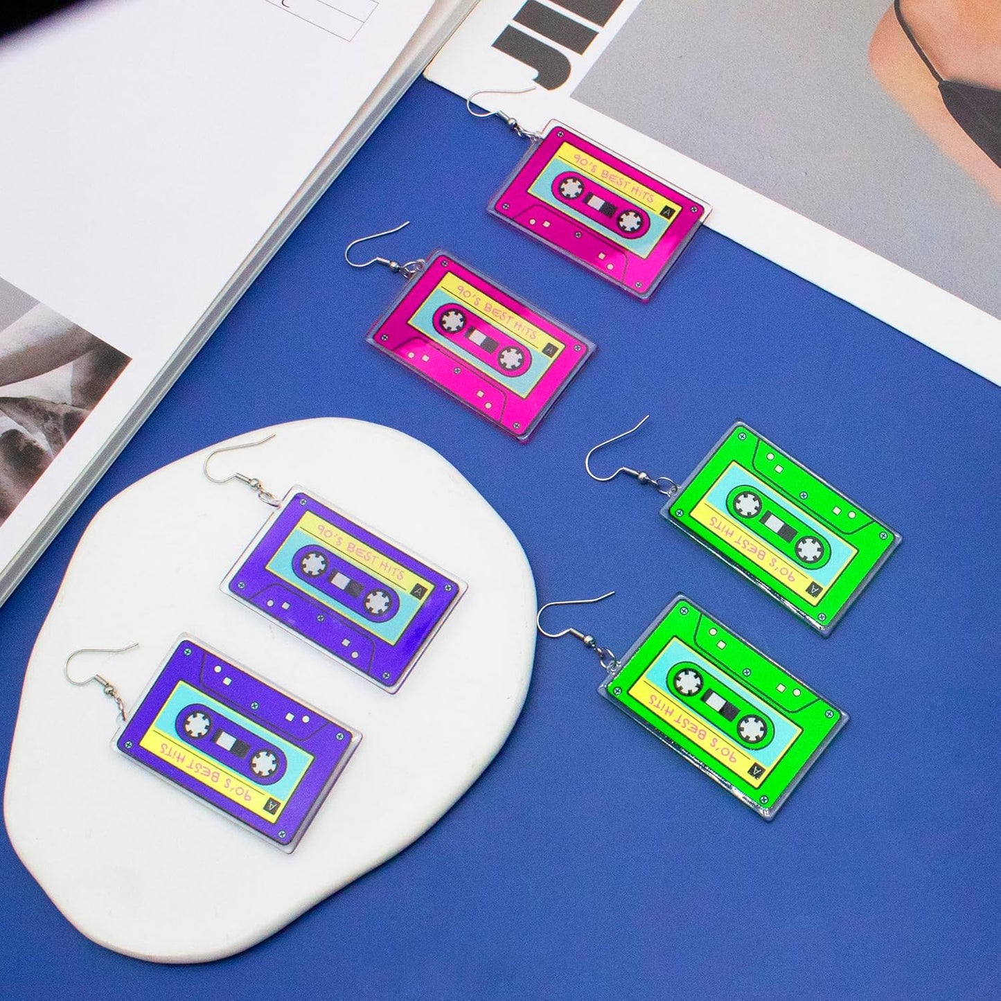80s 90s Neon Earrings for Women Retro Cassette Tape Hoop Earring Candy Color Lightweight Acrylic Stud Dangle Earrings for 80S Costume Outfits Dancing Glow Party Accessories