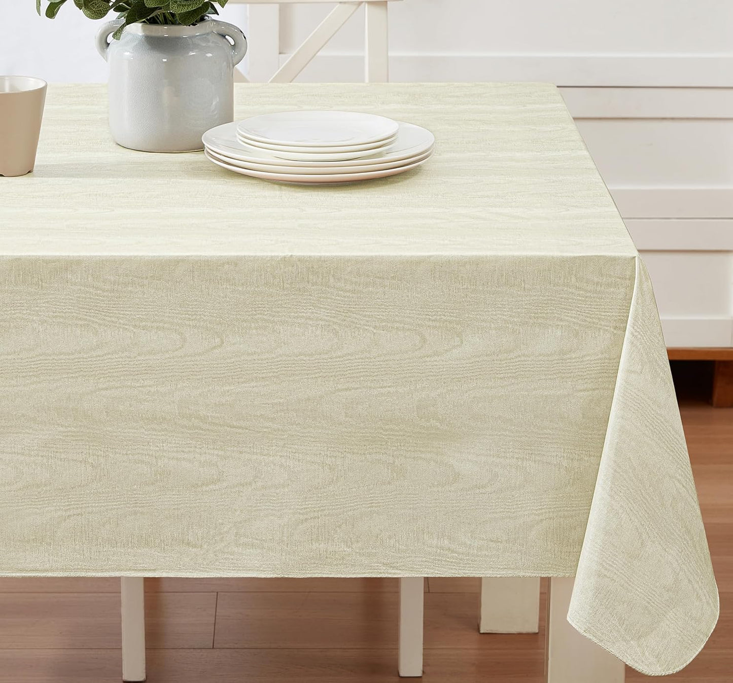 Newbridge Vinyl Flannel Backed Tablecloth, 60 x 120 Inch Rectangle, Beige Moire Wavy Solid Design, Heavyweight Indoor Outdoor Waterproof Table Cover, Easy Care Wipe Clean