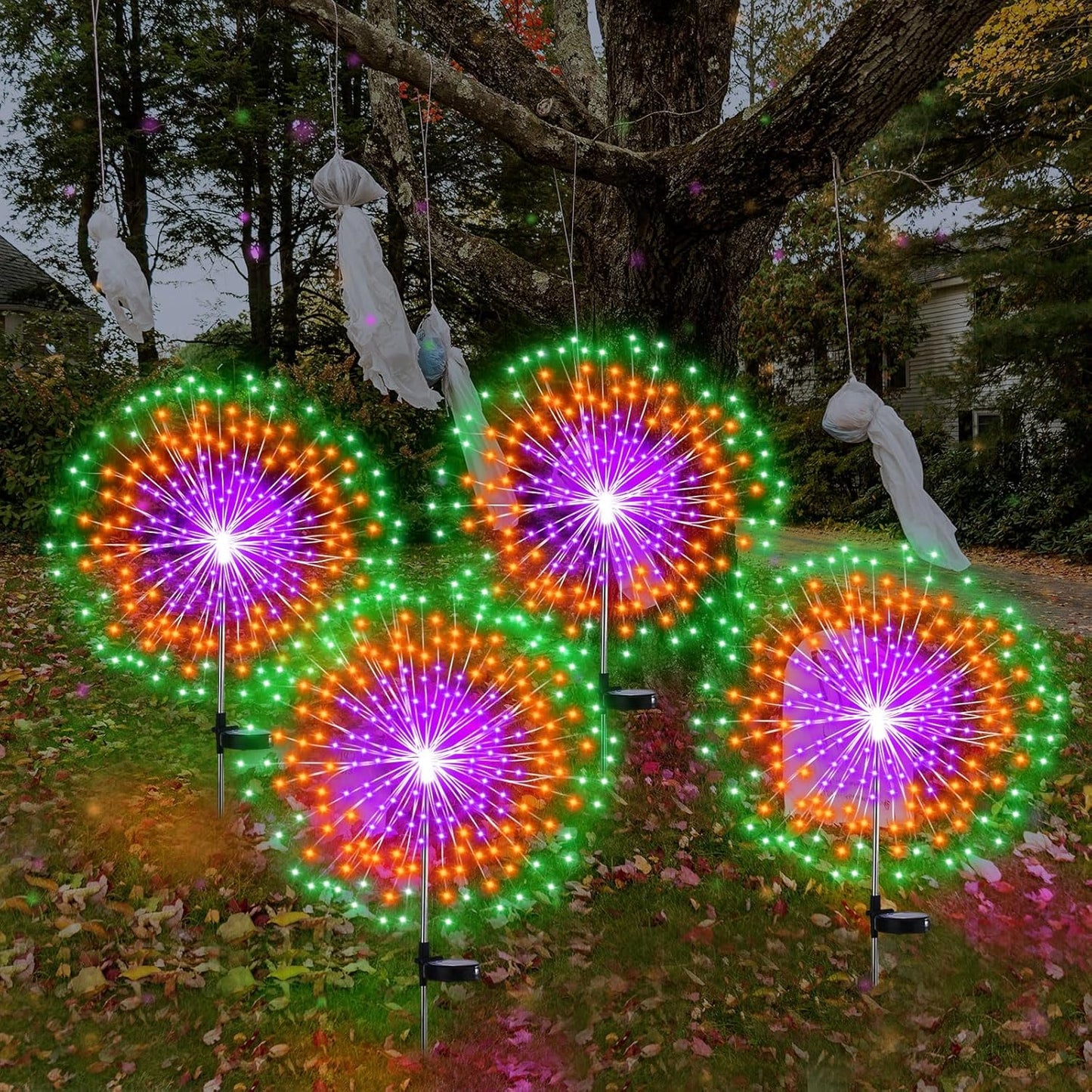 4 Pack Christmas Solar Firework Lights Decorations Garden Pathway Solar Power Light Stake Waterproof Landscape Lamp with 180 LED 8 Modes for Christmas Party Decoration(Green, Orange, Purple)