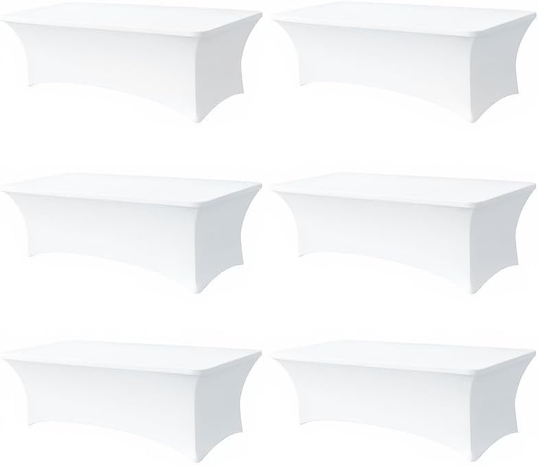 6 Pack 8FT Rectangular Spandex Tablecloth,Wrinkle Resistant Fitted Cover for 96x30 inch Banquet Table Cloth, Washable Stretch Fabric for Party, Events, Wedding, Vendor - White