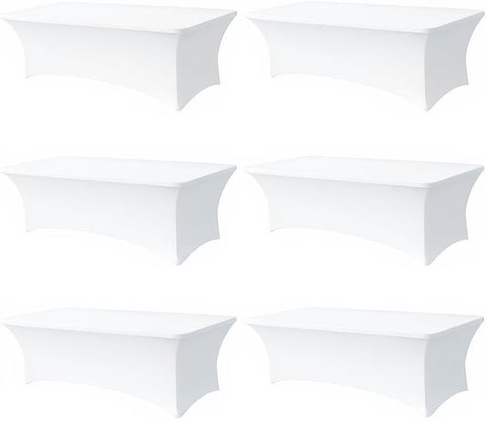 6 Pack 8FT Rectangular Spandex Tablecloth,Wrinkle Resistant Fitted Cover for 96x30 inch Banquet Table Cloth, Washable Stretch Fabric for Party, Events, Wedding, Vendor - White