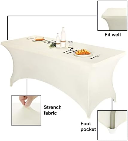 FORLIFE 6FT Spandex Tablecloth, Fitted Rectangular Table Cover for 72"L X 30"W X 30"H Tables, Universal Stretch Patio Table Cover for Wedding, Banquet, Party (Ivory)