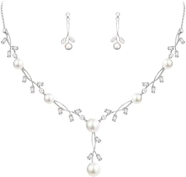 Luxury Cubic Zirconia Aurtrian Crystal Pearl Floral Necklace Dangle Earrings Wedding Bridal Jewelry Set Birthday Gifts for Her