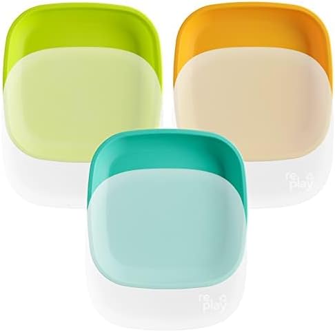 Re-Play Toddler Plates - 22 Oz. Deep-Walled Flat Kids Plates with Lid - Dishwasher & Microwave Safe - Made in USA - Set of 3-7.37" x 7.37" x 1.25" - Aqua Asst