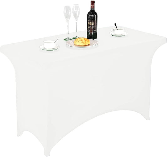 FORLIFE Fitted Spandex Table Cover - 4ft Rectangular, Stretch Patio Table Cover for Wedding, Banquet, Party (White)
