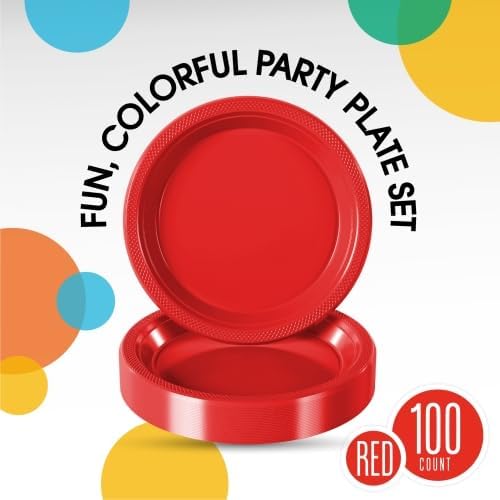 Exquisite Party Solids Red Plastic Plates For Party 9" Red Disposable Plates Heavy Duty 100 Pcs Plastic Dinnerware Sets Heavy Duty 350 GSM Disposable Dinnerware Set