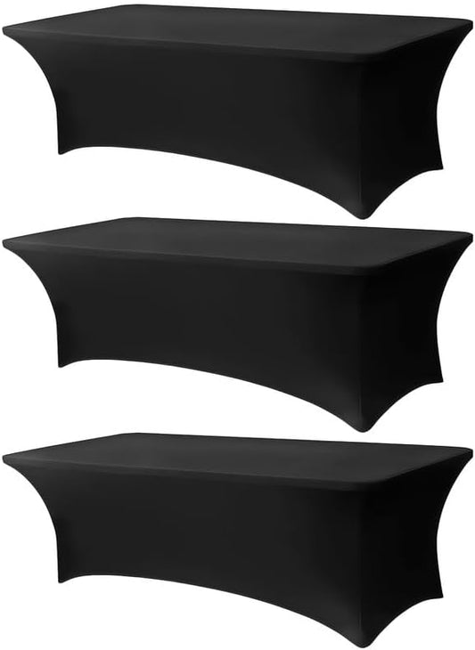 3 Pack 8FT Rectangular Spandex Tablecloth,Wrinkle Resistant Fitted Cover for 96x30 inch Banquet Table Cloth, Washable Stretch Fabric for Party, Events, Wedding, Vendor - Black