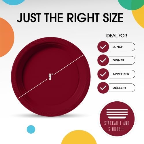 Exquisite Party Solids Burgundy Plastic Plates For Party 9" Burgundy Disposable Plates Heavy Duty 100 Pcs Plastic Dinnerware Sets Heavy Duty 350 GSM Disposable Dinnerware Set