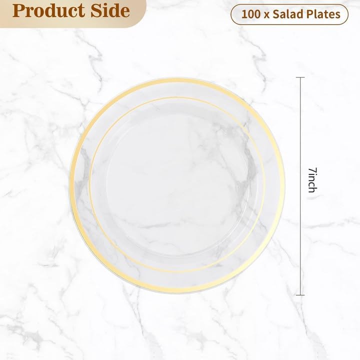 BESTVIP 100PCS 7 Inch Clear Plastic Dessert Plates, Disposable Salad Plate with Gold Rim, Heavy Duty Plastic Small Cakes Plates for Party, Wedding and Birthday, Christmas, Thanksgiving, Events